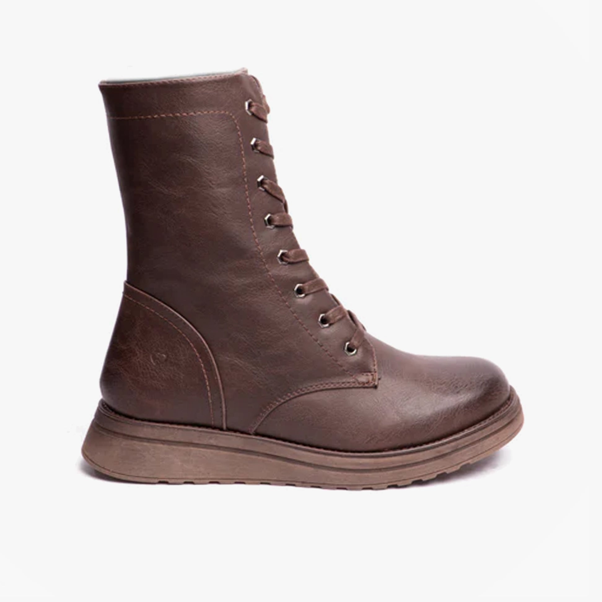 Heavenly Feet MARTINA4 Womens Ankle Boots Chocolate side view showing lace-up design and wedge heel.