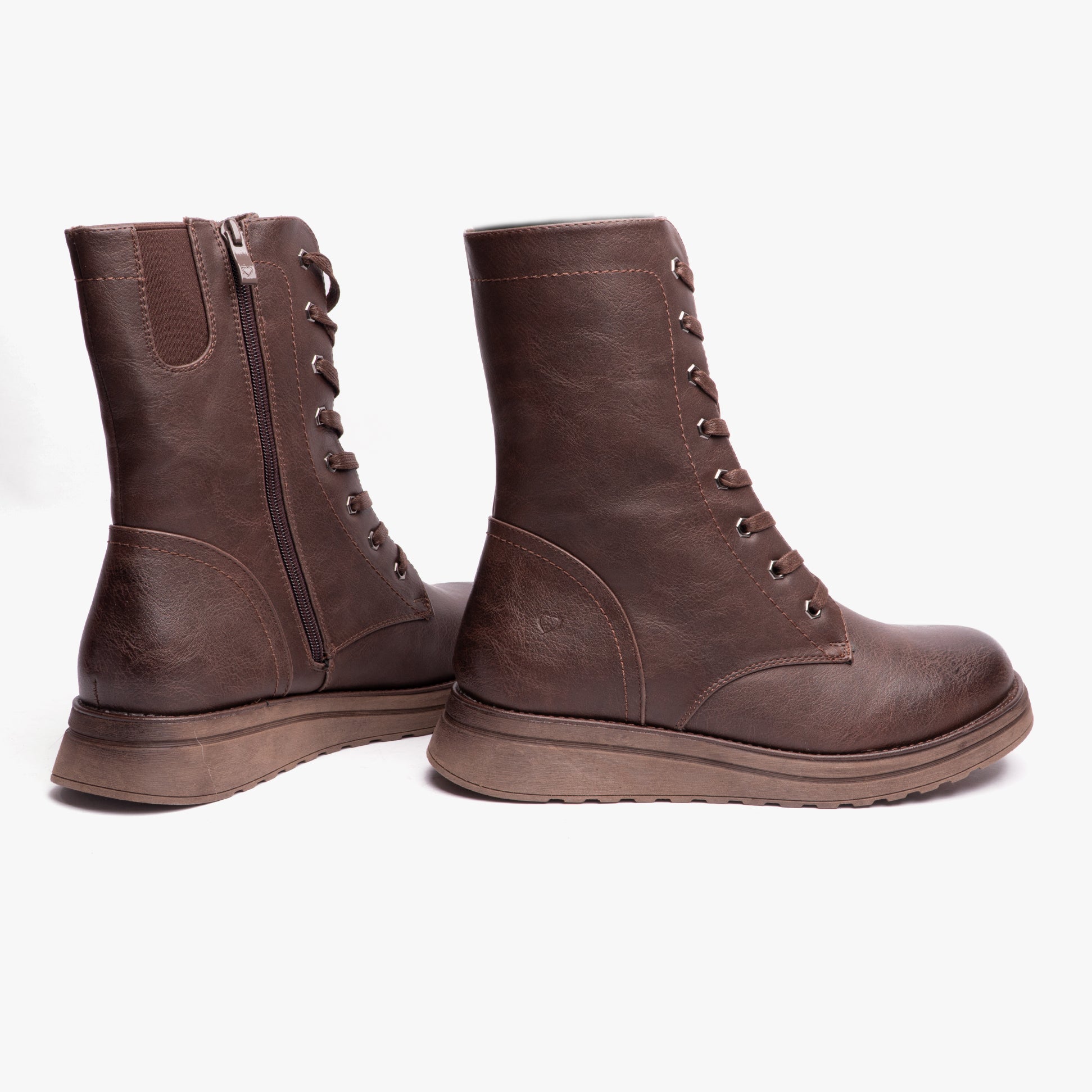 Heavenly Feet MARTINA4 Womens Ankle Boots Chocolate side view and back view with lace-up detail and synthetic material.