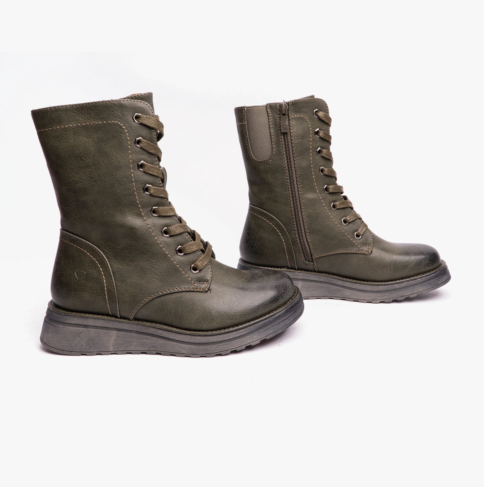 Heavenly Feet MARTINA4 Womens Ankle Boots Khaki side view with lace-up and zip closure, featuring combat boot style.