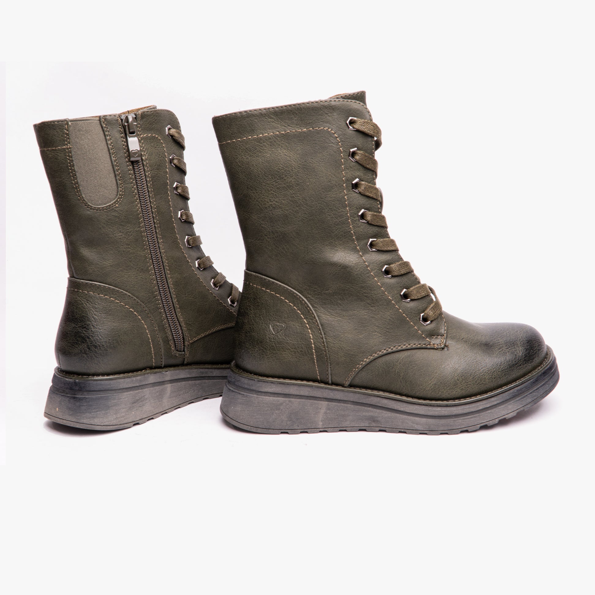 Heavenly Feet MARTINA4 Womens Ankle Boots Khaki side view showcasing lace-up design and mid-calf height.