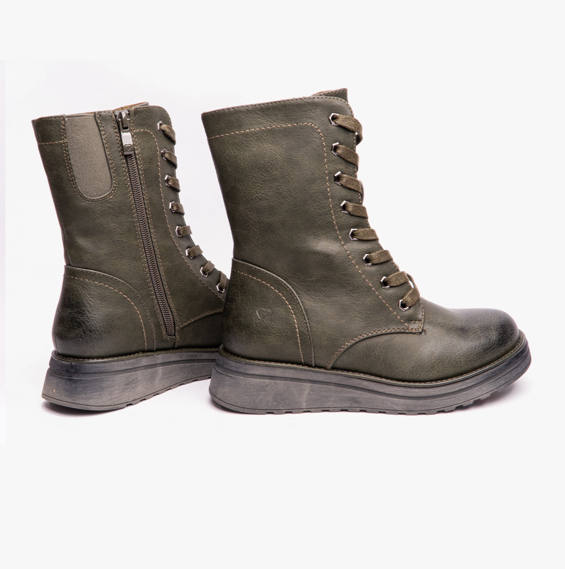 Heavenly Feet MARTINA4 Womens Ankle Boots Khaki side view showcasing lace-up design and mid-calf height.