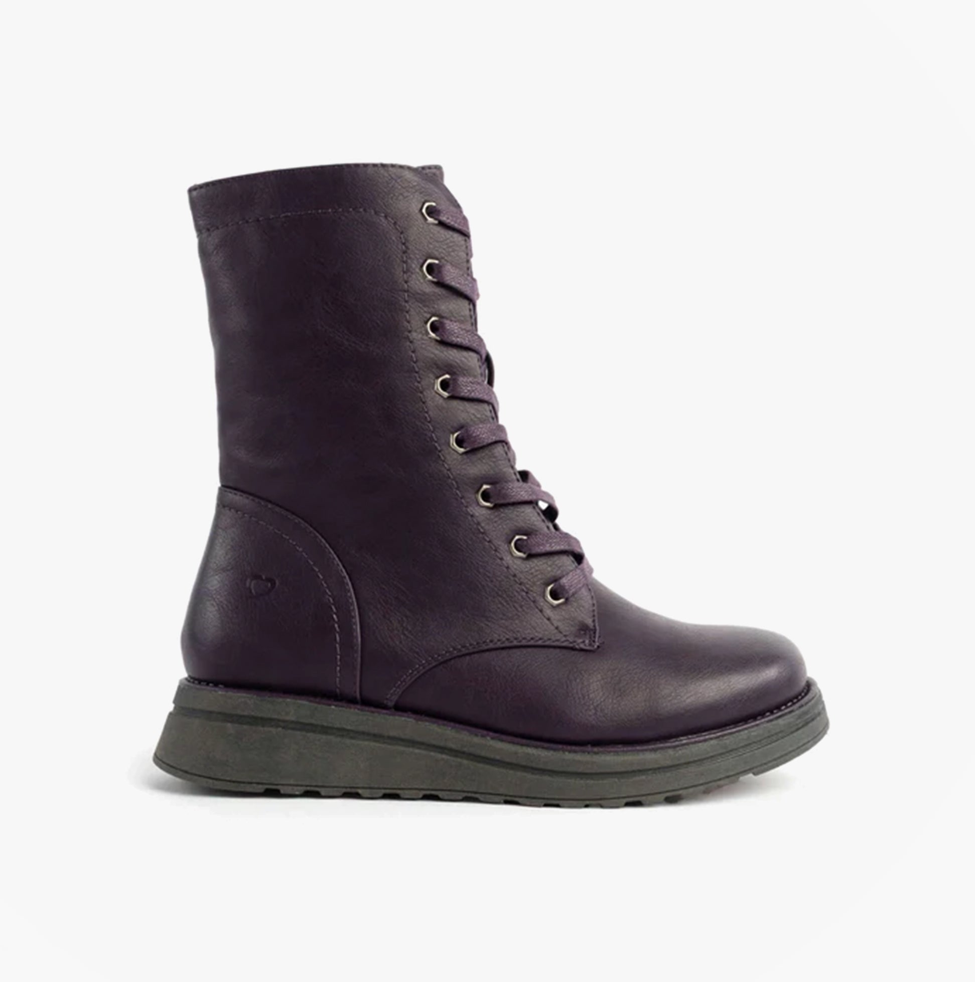 Heavenly Feet MARTINA4 Womens Ankle Boots Purple side view, faux leather combat style with lace-up closure.