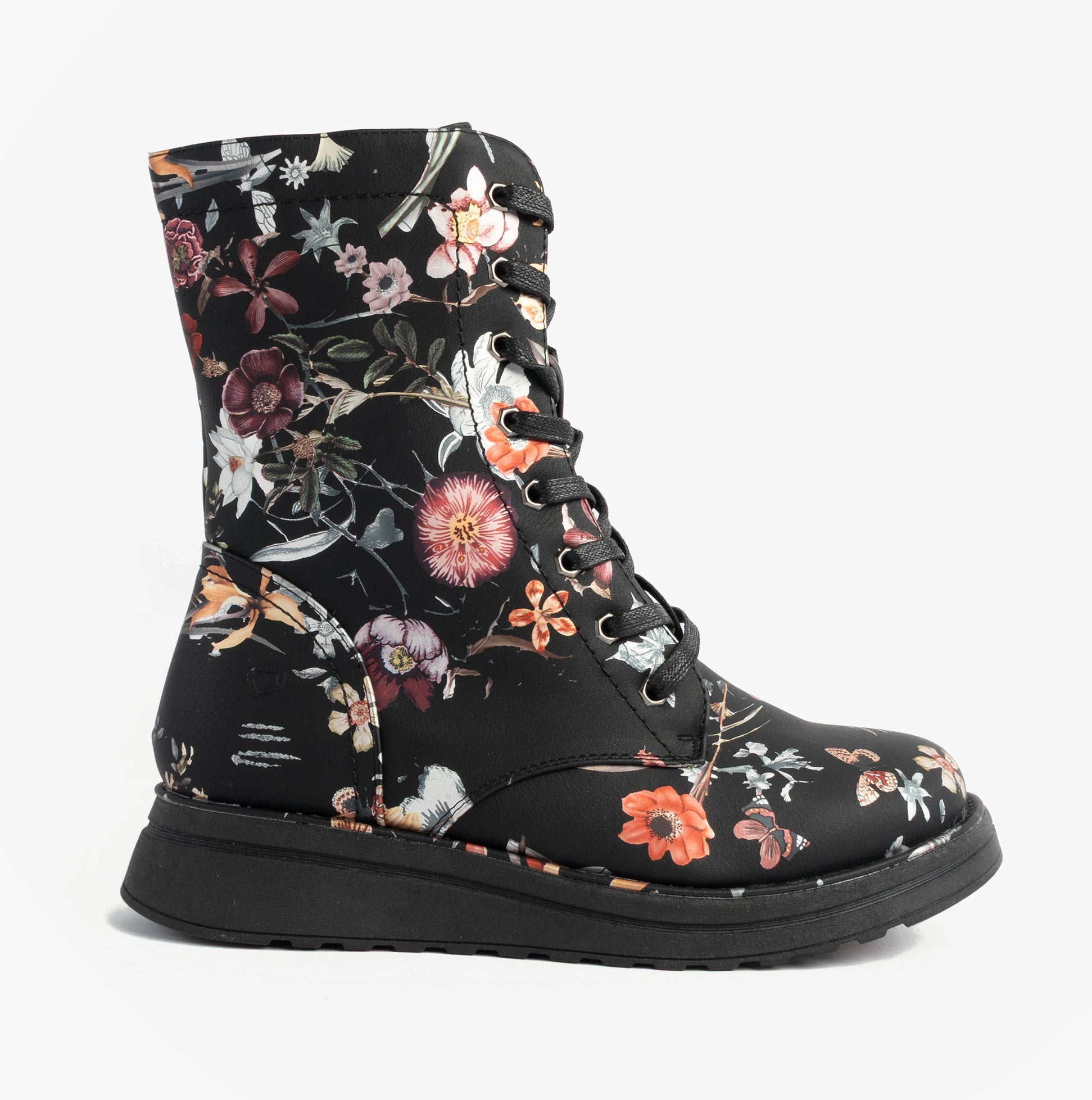 Heavenly Feet MARTINA4 PRINT FANTASY Womens Ankle Boots Black side view showcasing floral print design.