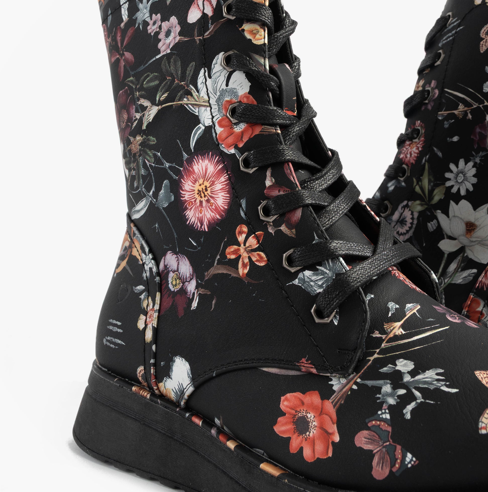 Heavenly Feet MARTINA4 PRINT FANTASY Womens Ankle Boots Black detail view with floral print and lace-up feature.