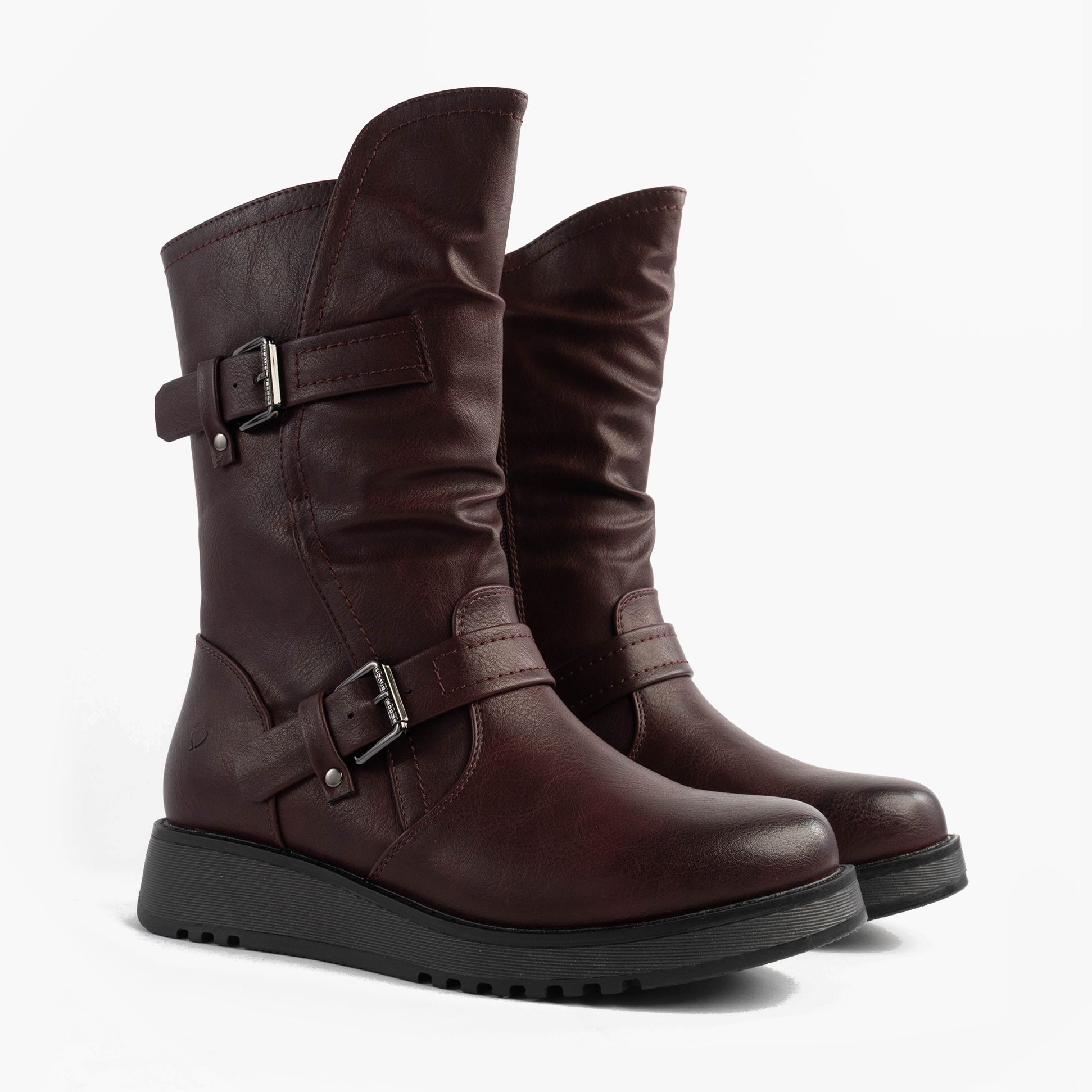 Heavenly Feet HANNAH4 Womens Mid Calf Boots Burgundy side view showcasing buckle detail and synthetic upper.