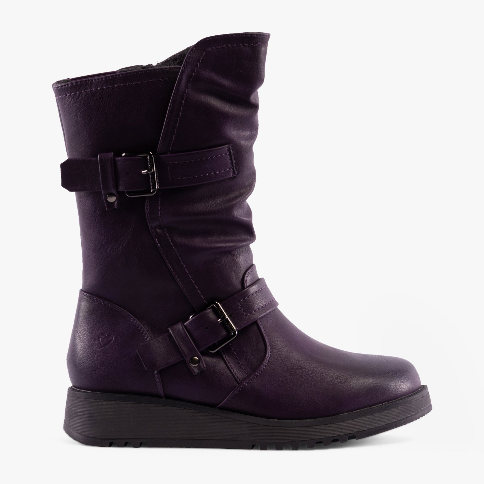 Heavenly Feet HANNAH4 Womens Mid-Calf Boots Purple side view with buckle and elasticated side panel