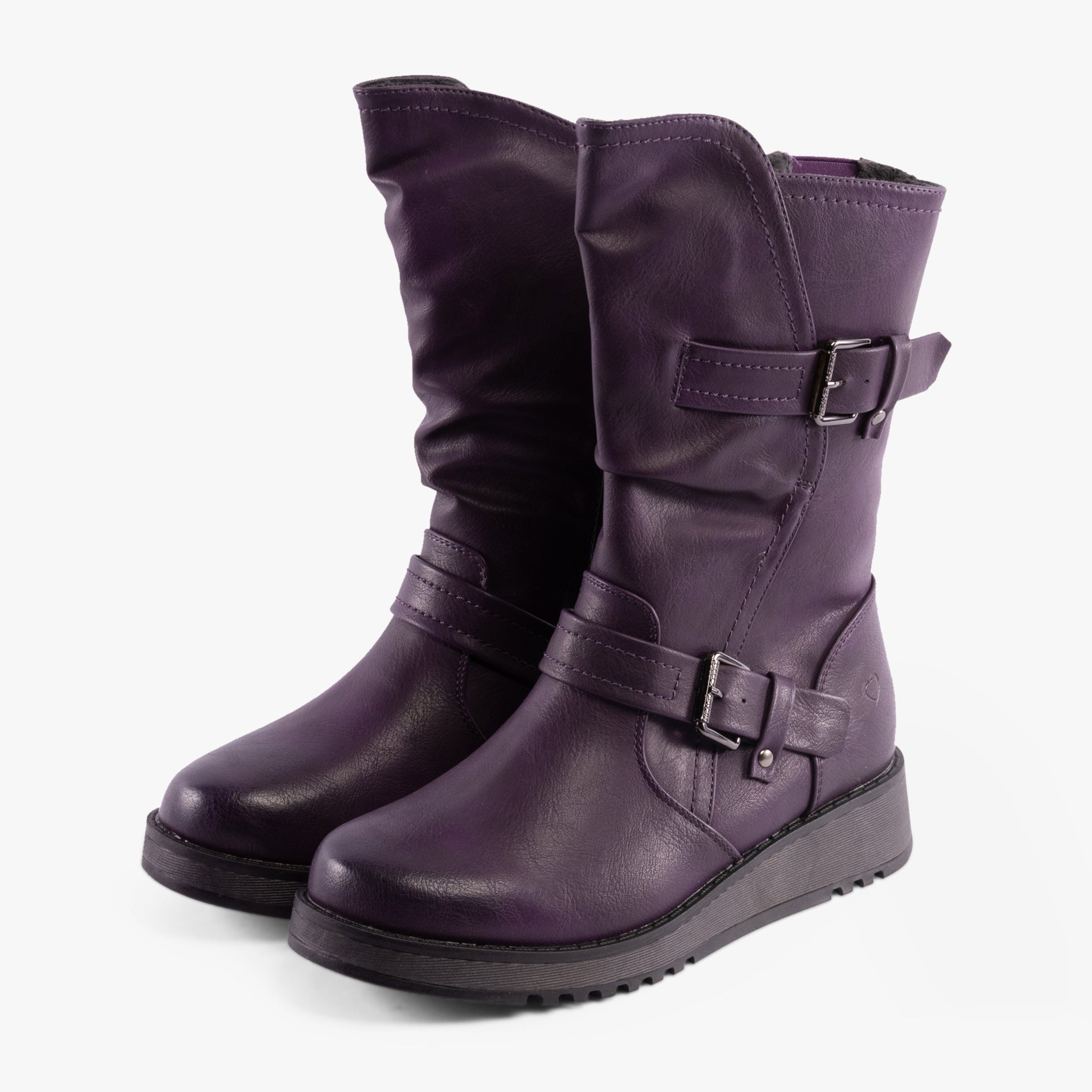Heavenly Feet HANNAH4 Womens Mid-Calf Boots Purple side view showcasing buckle design and elasticated panel.