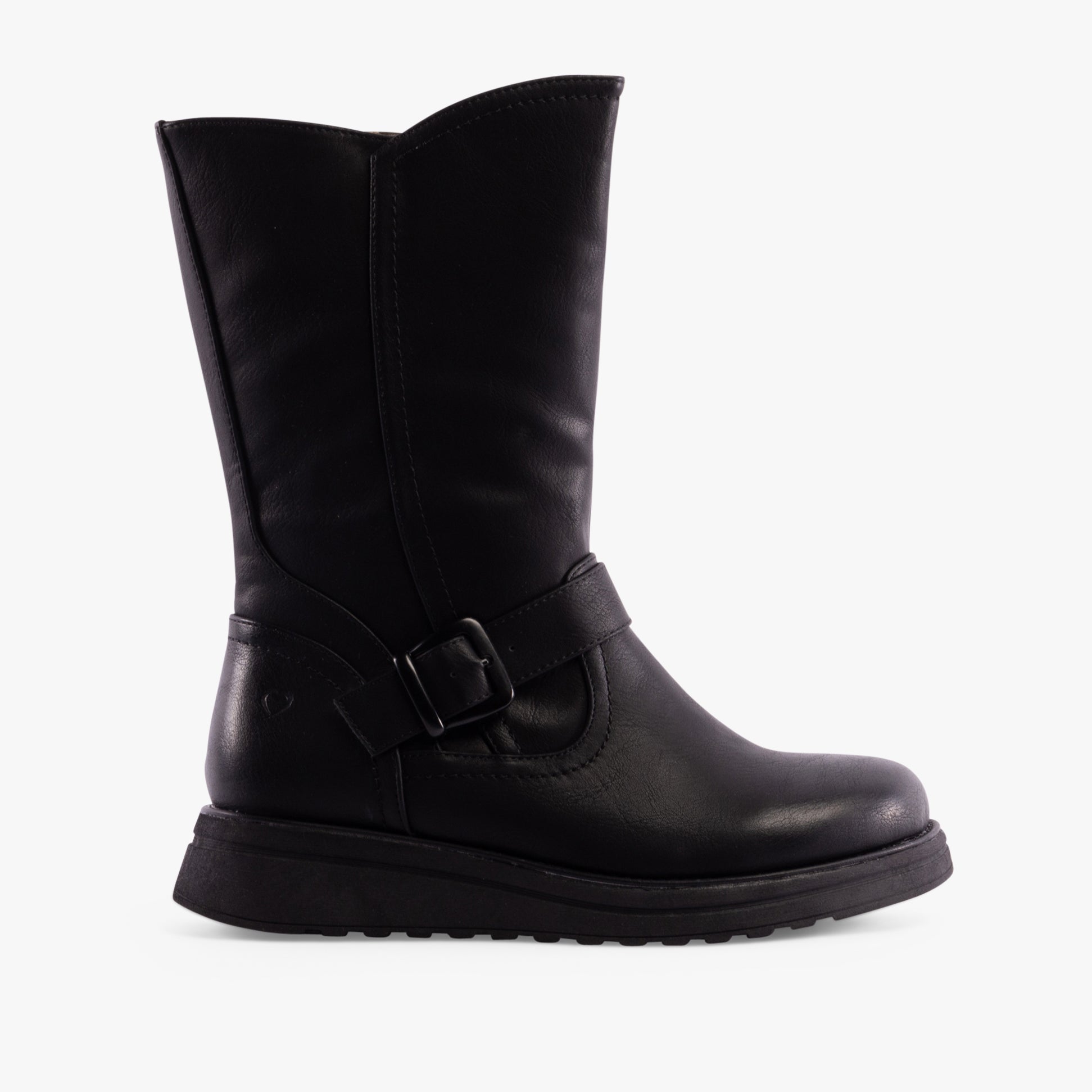 Heavenly Feet BELLA Womens Mid-Calf Boots Black side view showing faux leather upper and comfortable wedge sole.