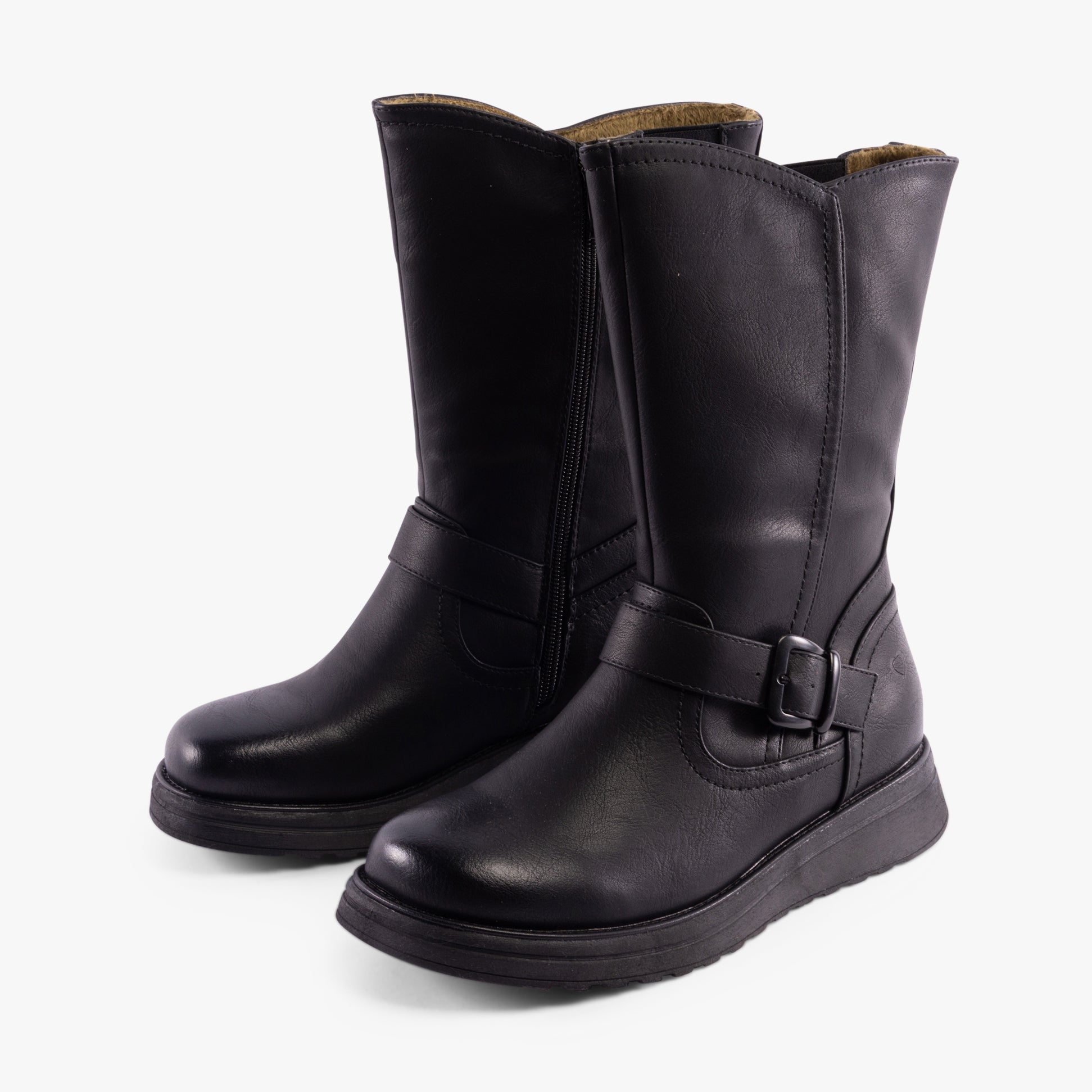 Heavenly Feet BELLA Womens Mid-Calf Boots Black side view showcasing faux leather and wedge heel design.