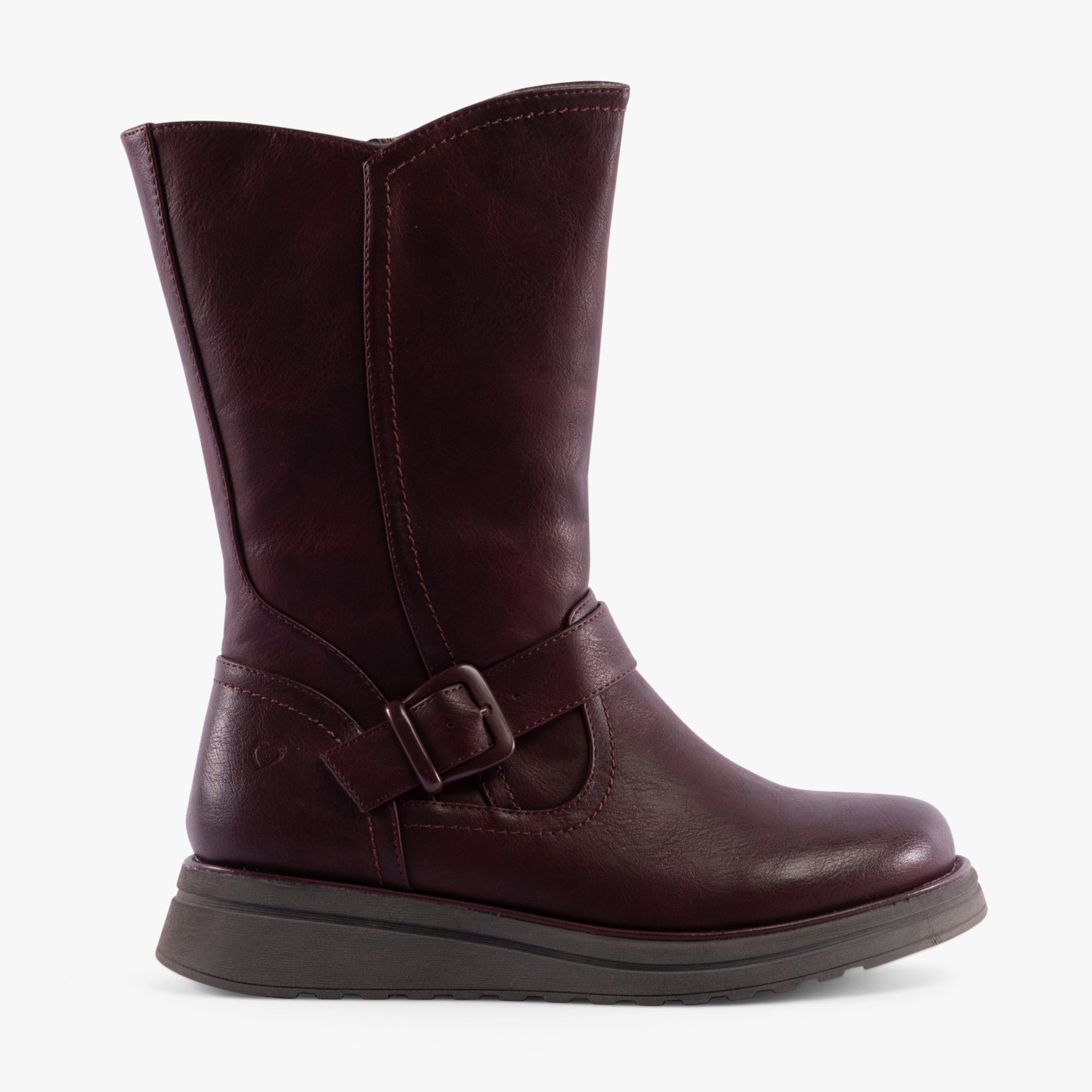 Heavenly Feet BELLA Womens Mid-Calf Boots Burgundy side view showing faux leather upper and wedge heel.