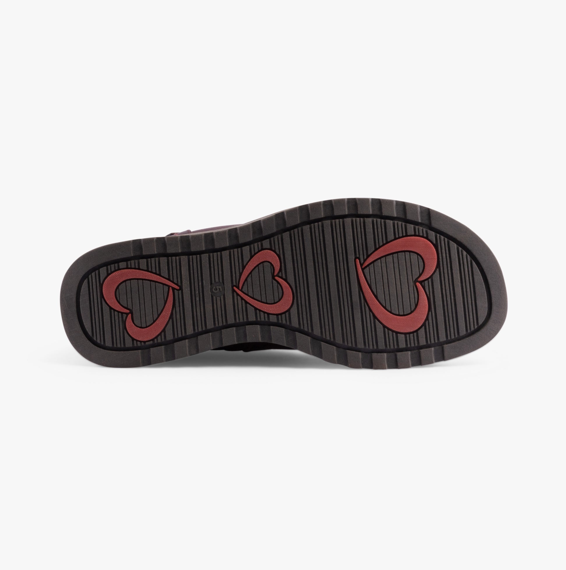 Heavenly Feet BELLA Womens Mid-Calf Boots Burgundy sole view featuring heart design and rubber material.
