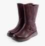 Heavenly Feet BELLA Womens Mid-Calf Boots Burgundy side view showcasing faux leather upper and wedge heel.