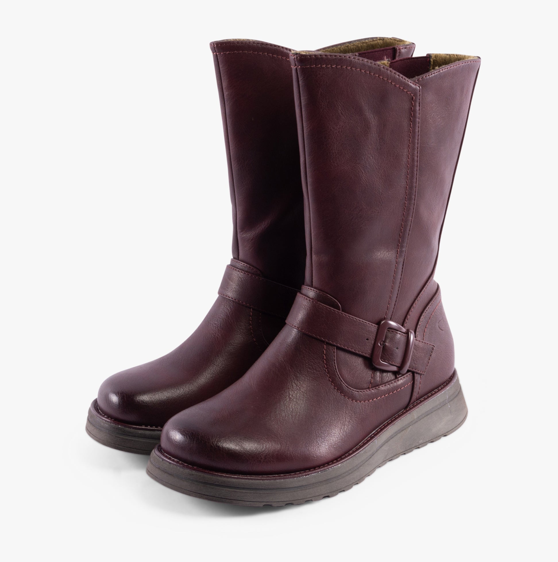 Heavenly Feet BELLA Womens Mid-Calf Boots Burgundy side view showcasing faux leather upper and wedge heel.