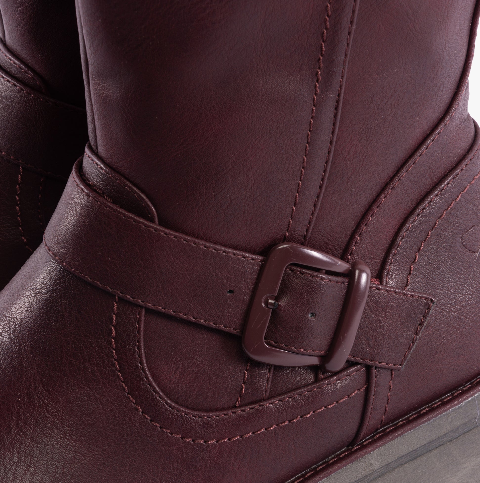 Heavenly Feet BELLA Womens Mid-Calf Boots Burgundy detail view showing buckle and faux leather finish