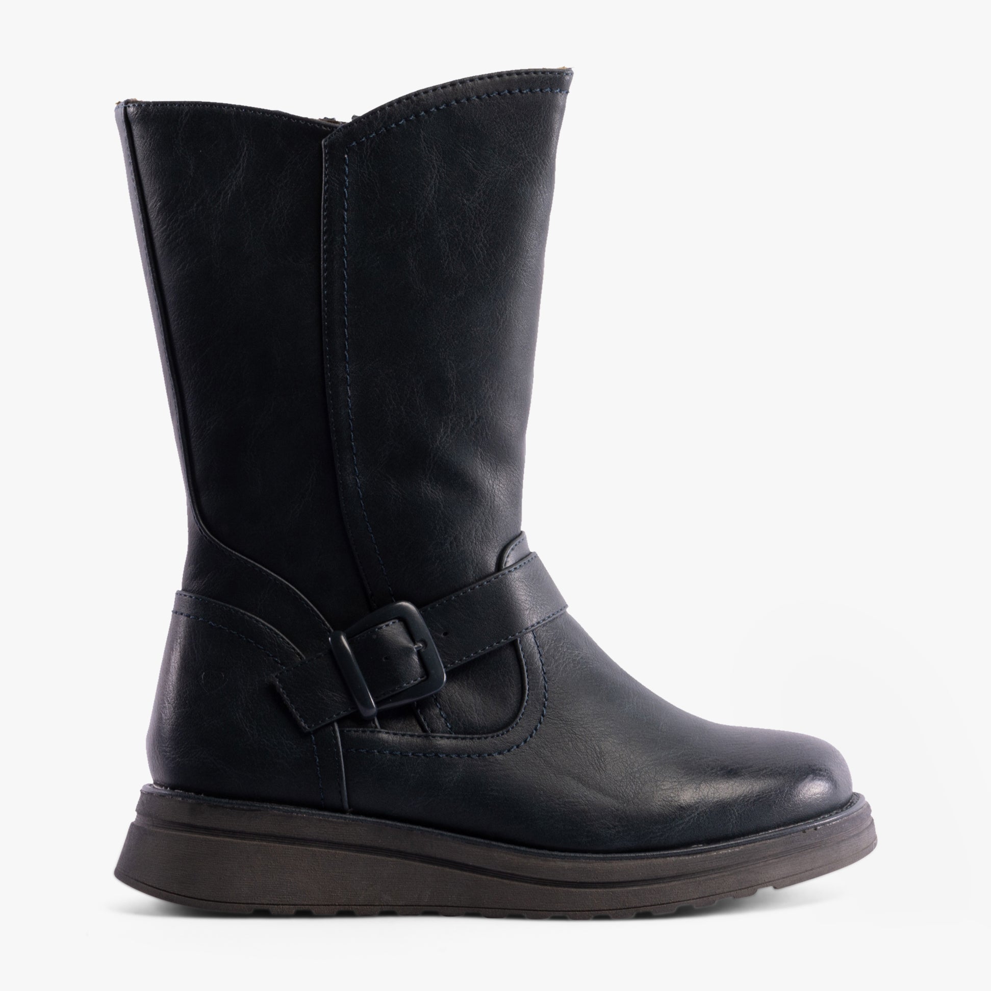 Heavenly Feet BELLA Womens Mid-Calf Boots Ocean side view showcasing faux leather upper and wedge heel.