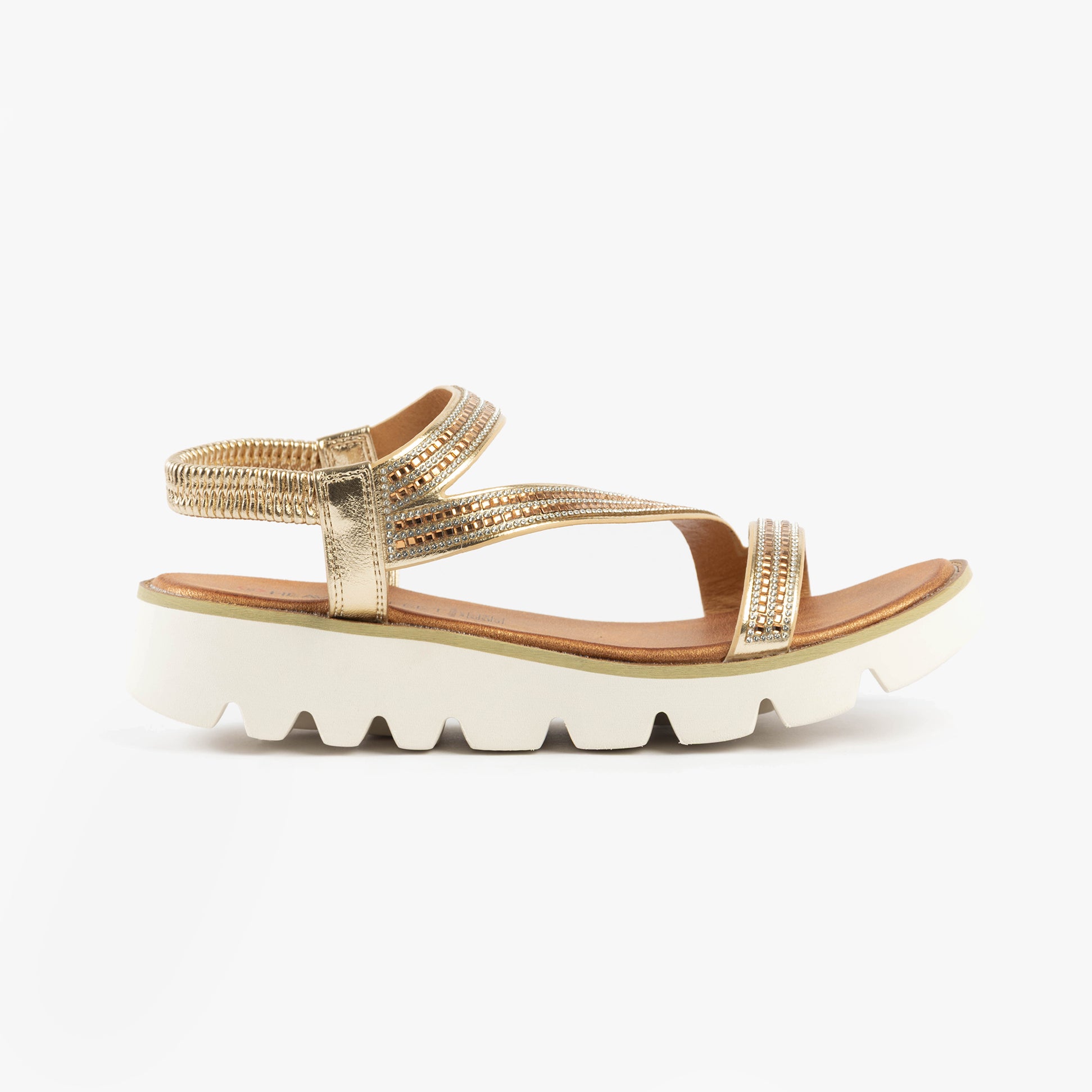 Heavenly Feet FRESCO Womens Sandals Gold side view showcasing synthetic upper and comfortable wedge sole.