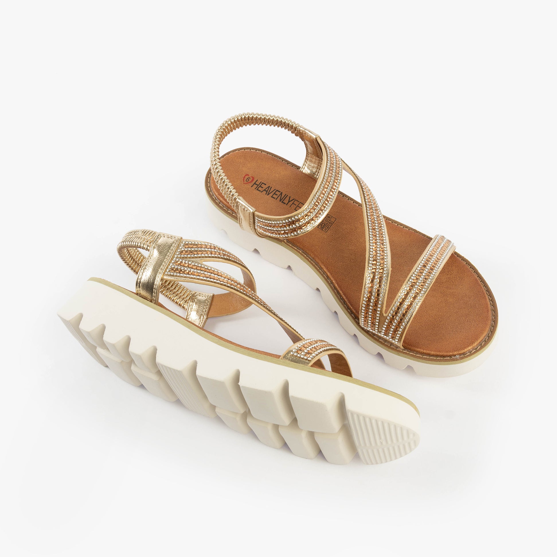 Heavenly Feet FRESCO Womens Sandals Gold top view featuring synthetic upper and rubber sole.
