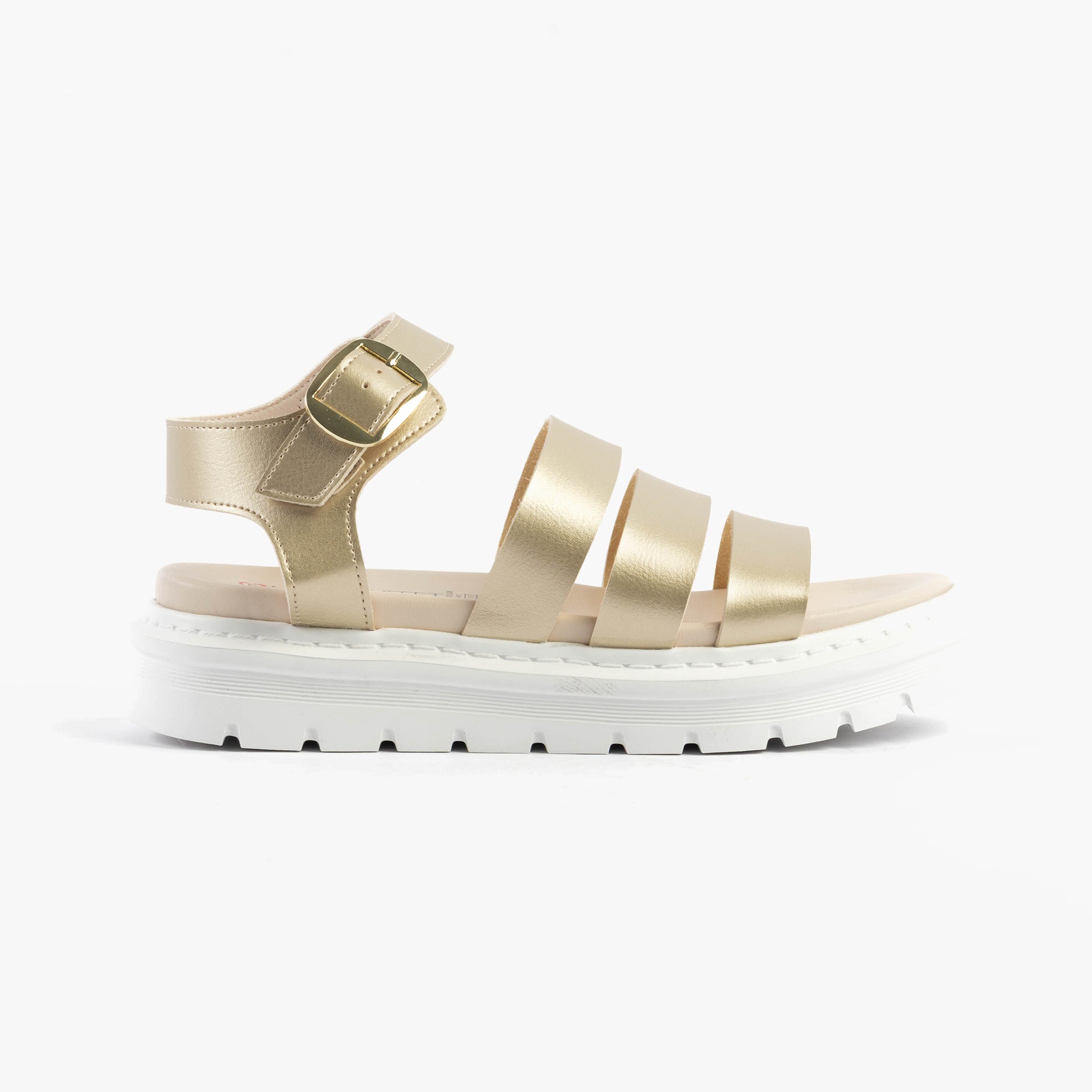 Heavenly Feet SAFFRON Womens Sandals Gold side view showing synthetic leather upper and comfortable EVA sole.