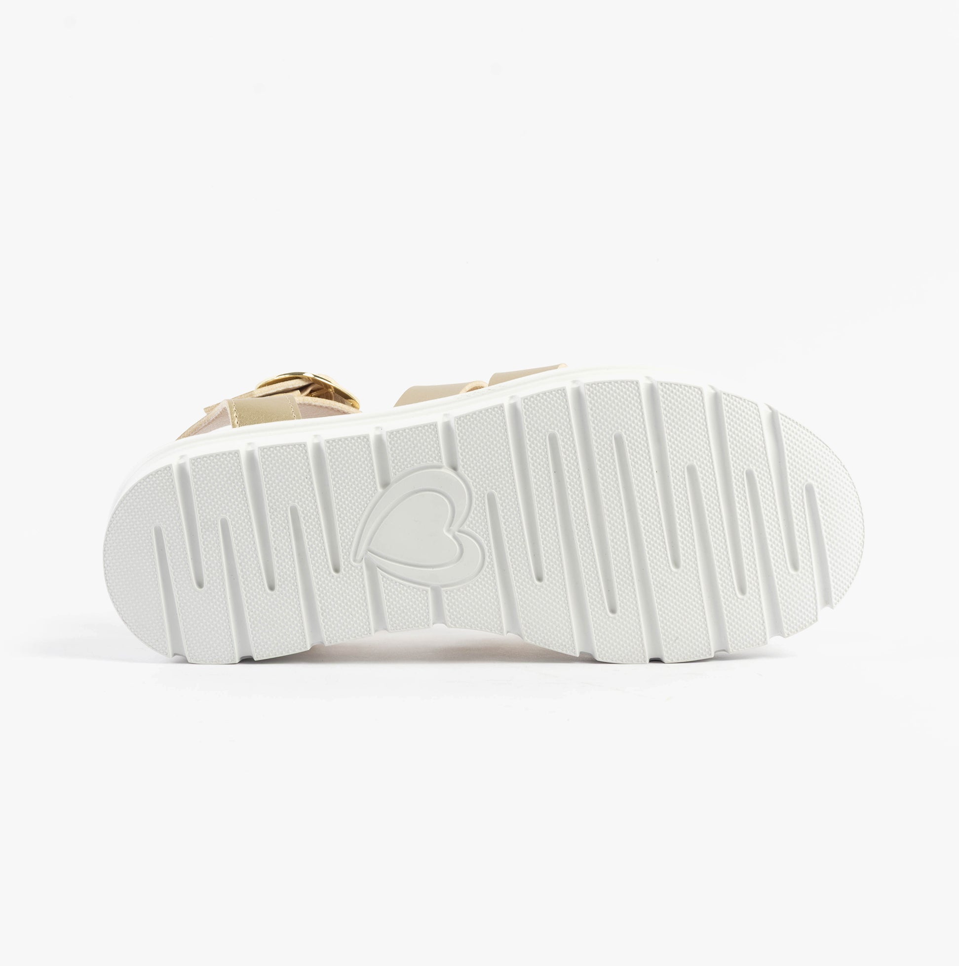 Heavenly Feet SAFFRON Womens Sandals Gold bottom view showing durable EVA sole with heart detail.