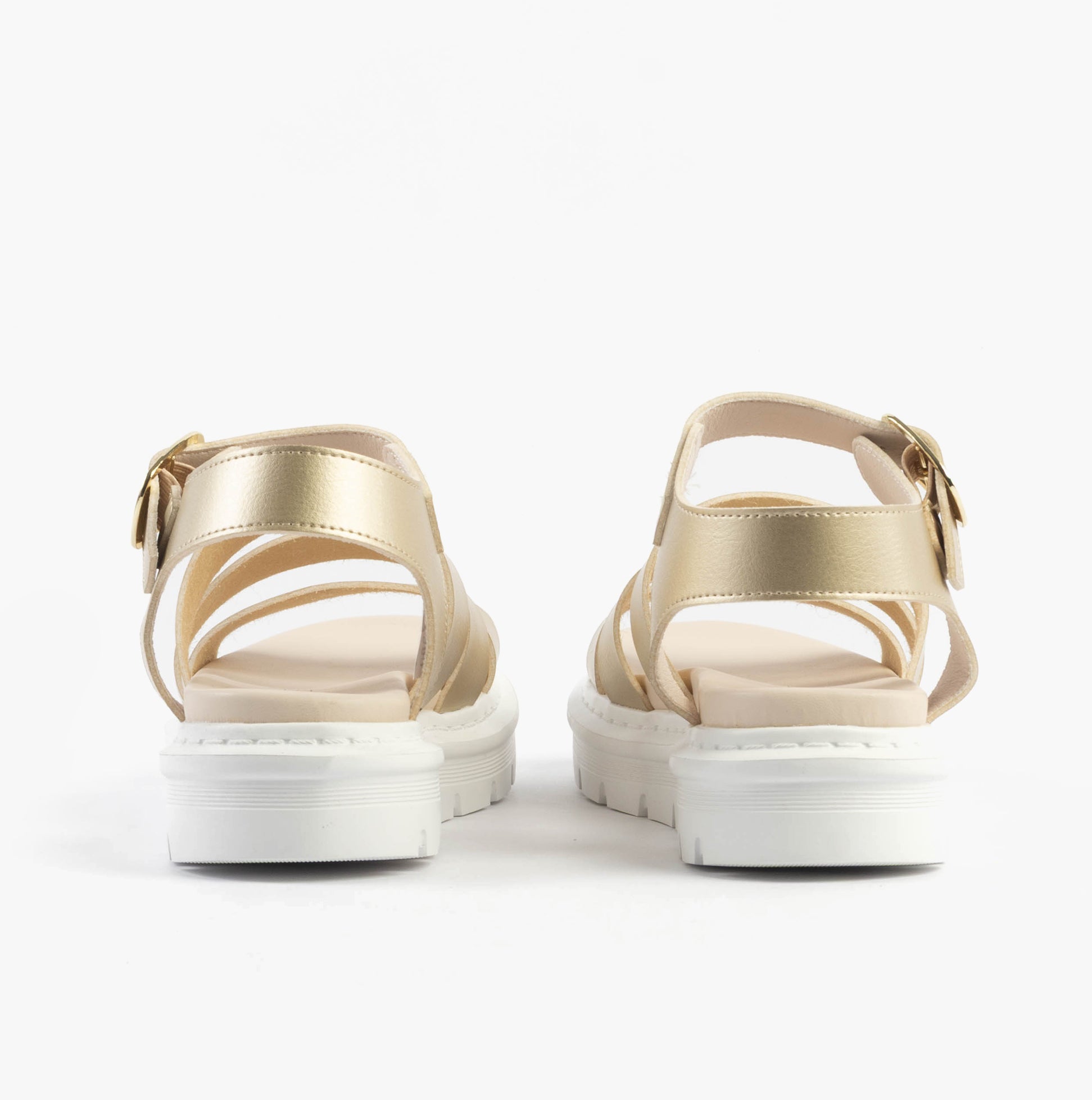 Heavenly Feet SAFFRON Womens Sandals Gold rear view with buckle closure and synthetic leather straps