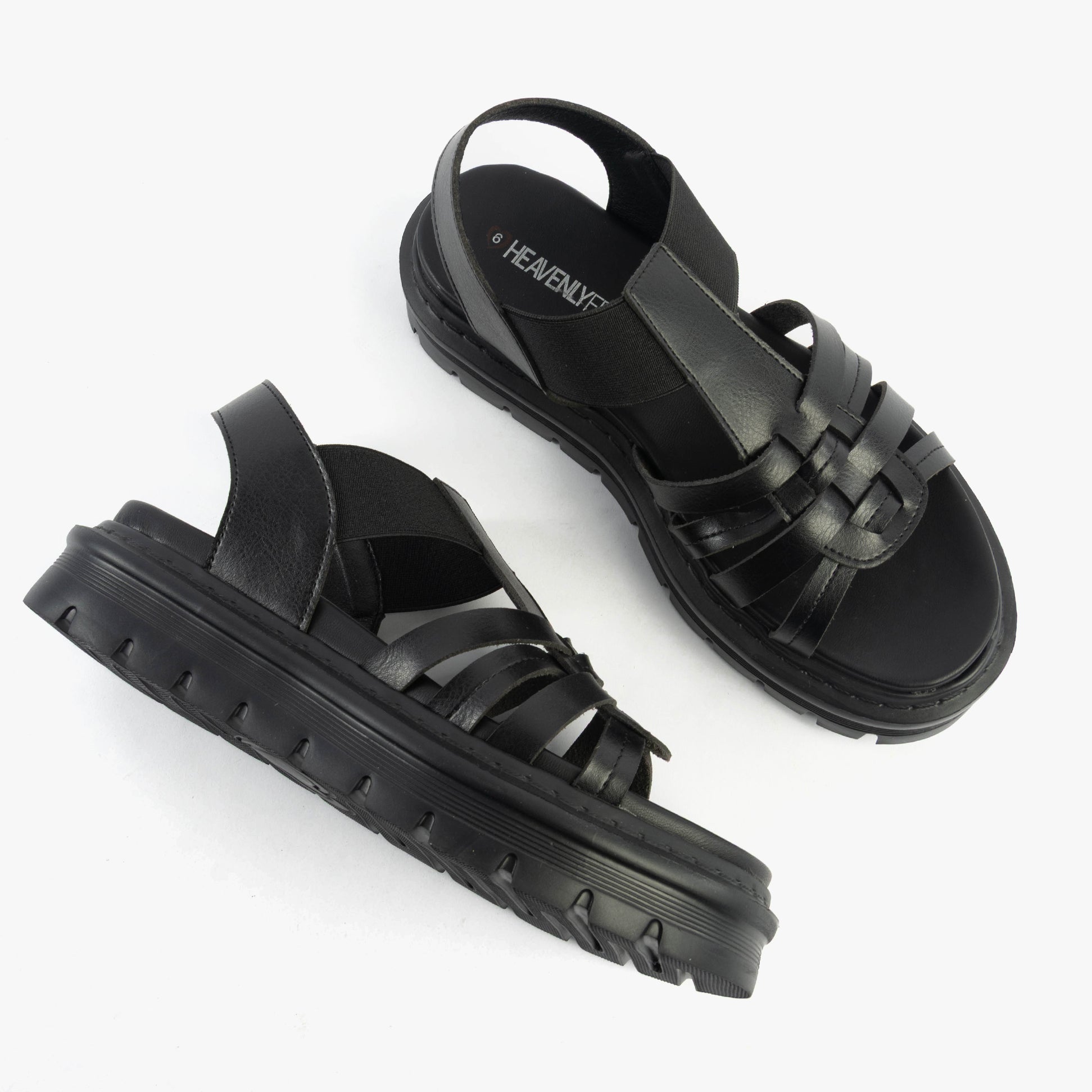 Heavenly Feet SAMORA Womens Sandals Black view from above showcasing the synthetic leather straps and EVA sole.