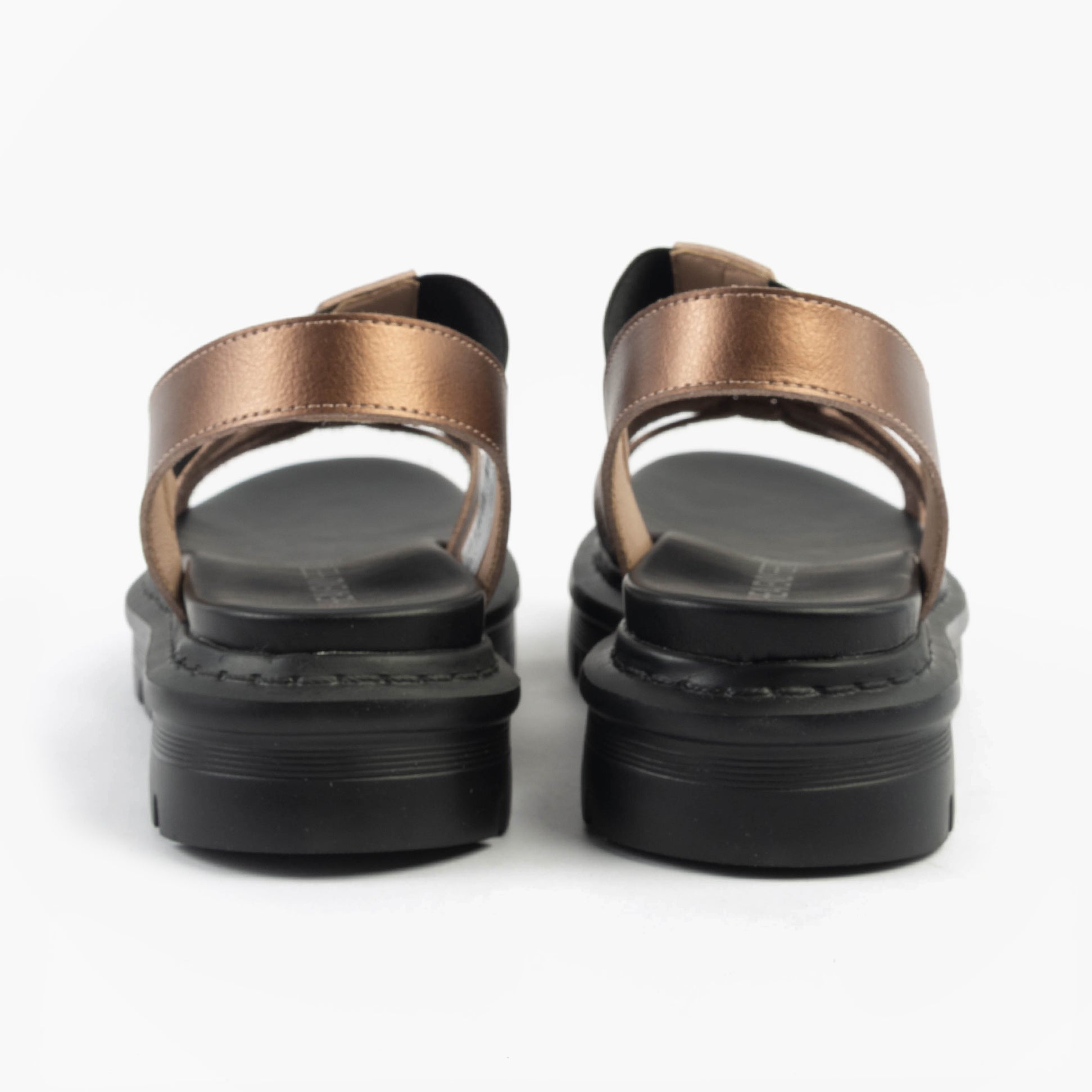 Heavenly Feet SAMORA Womens Sandals Bark back view showing bronze straps and black platform sole.