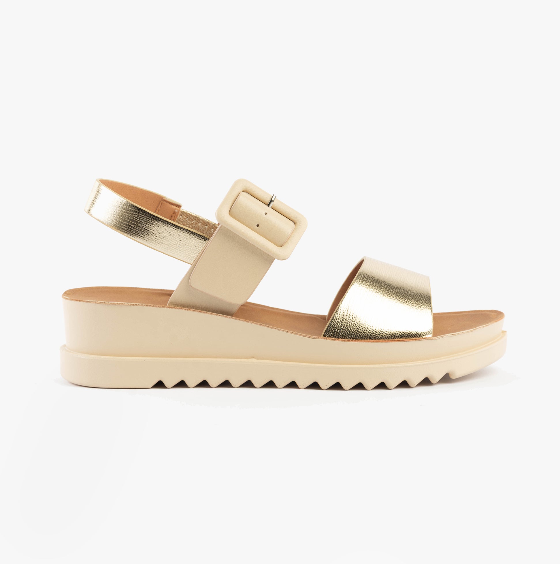 Heavenly Feet PISTACHIO Womens Sandals Beige/Gold side view showcasing faux leather and buckle details.