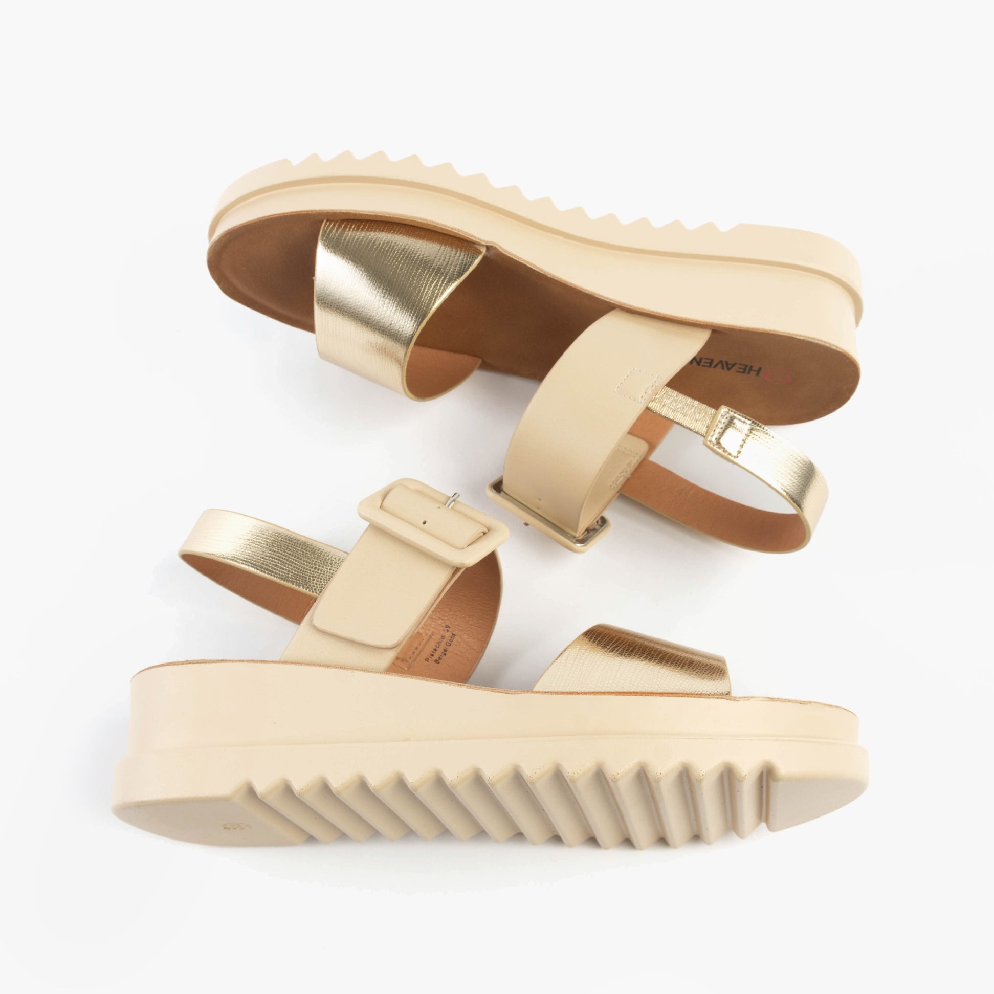 Heavenly Feet PISTACHIO Womens Sandals Beige/Gold top view showcasing faux leather upper and wedge sole.