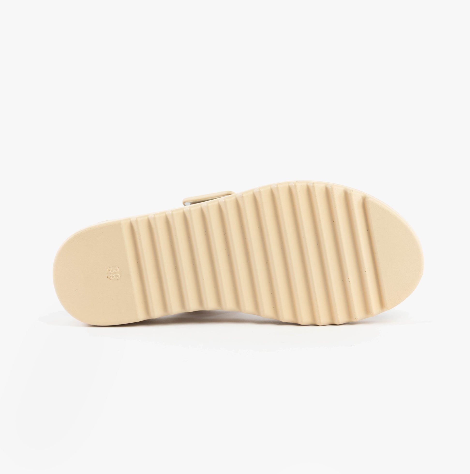 Heavenly Feet PISTACHIO Womens Sandals Beige/Gold bottom view, showcasing the synthetic sole and texture.