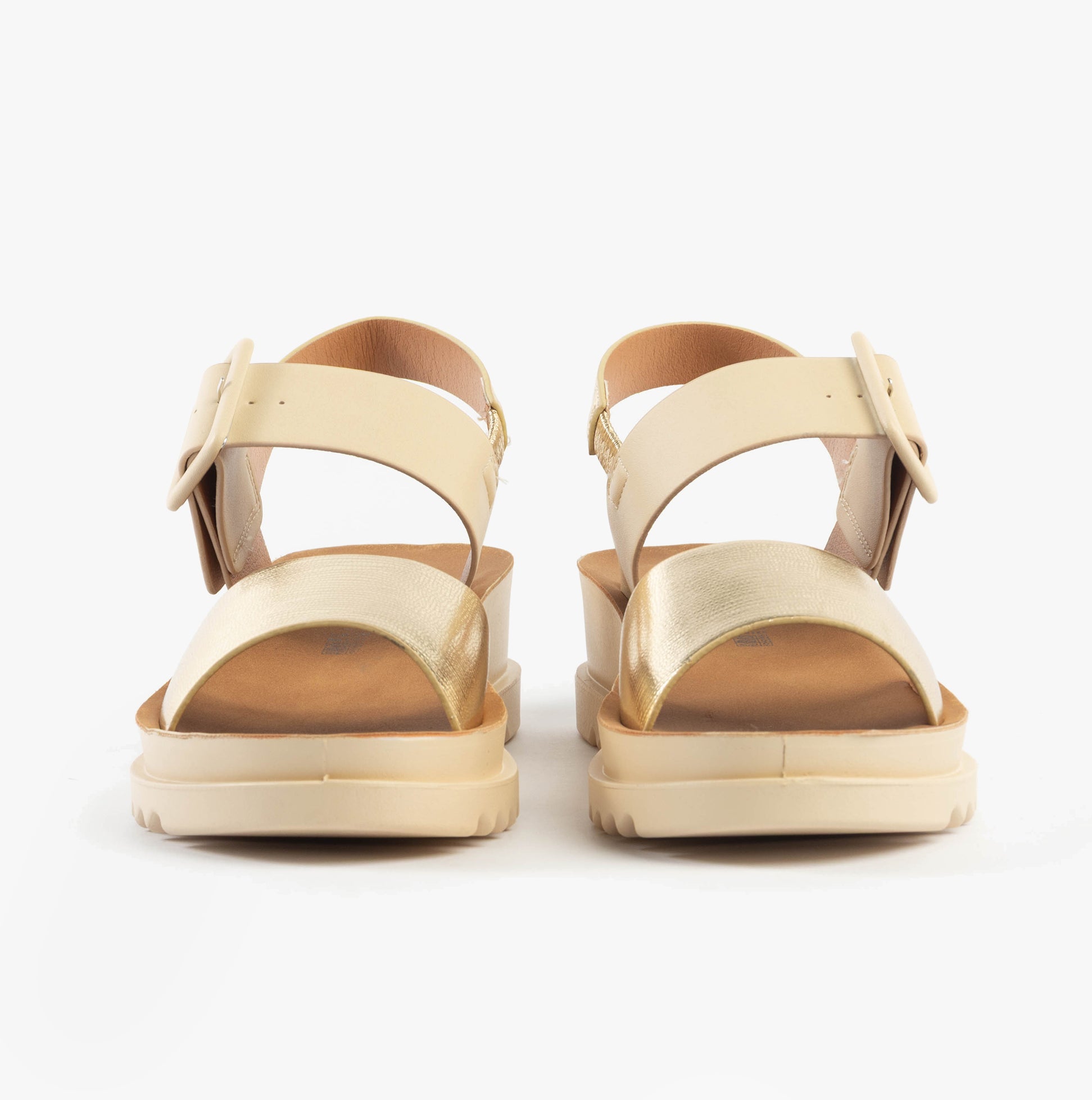 Heavenly Feet PISTACHIO Womens Sandals Beige/Gold rear view showcasing faux leather and buckle design.