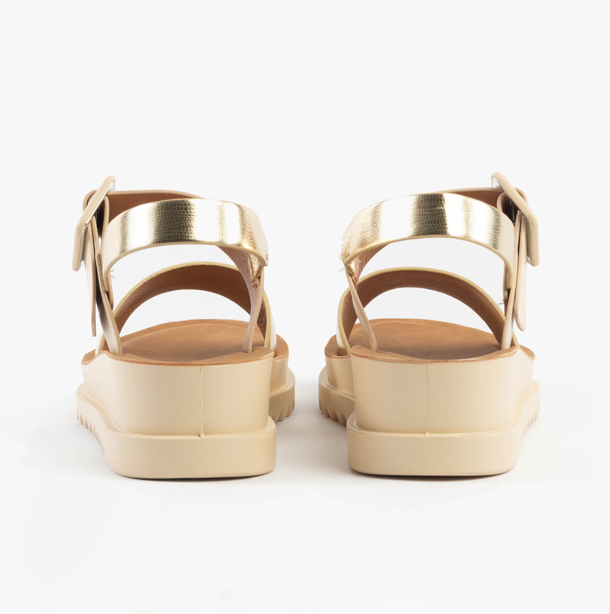Heavenly Feet PISTACHIO Womens Sandals Beige/Gold back view showcasing faux leather upper and buckle closure.