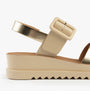 Heavenly Feet PISTACHIO Womens Sandals Beige/Gold side view featuring a wedge heel and buckle closure.