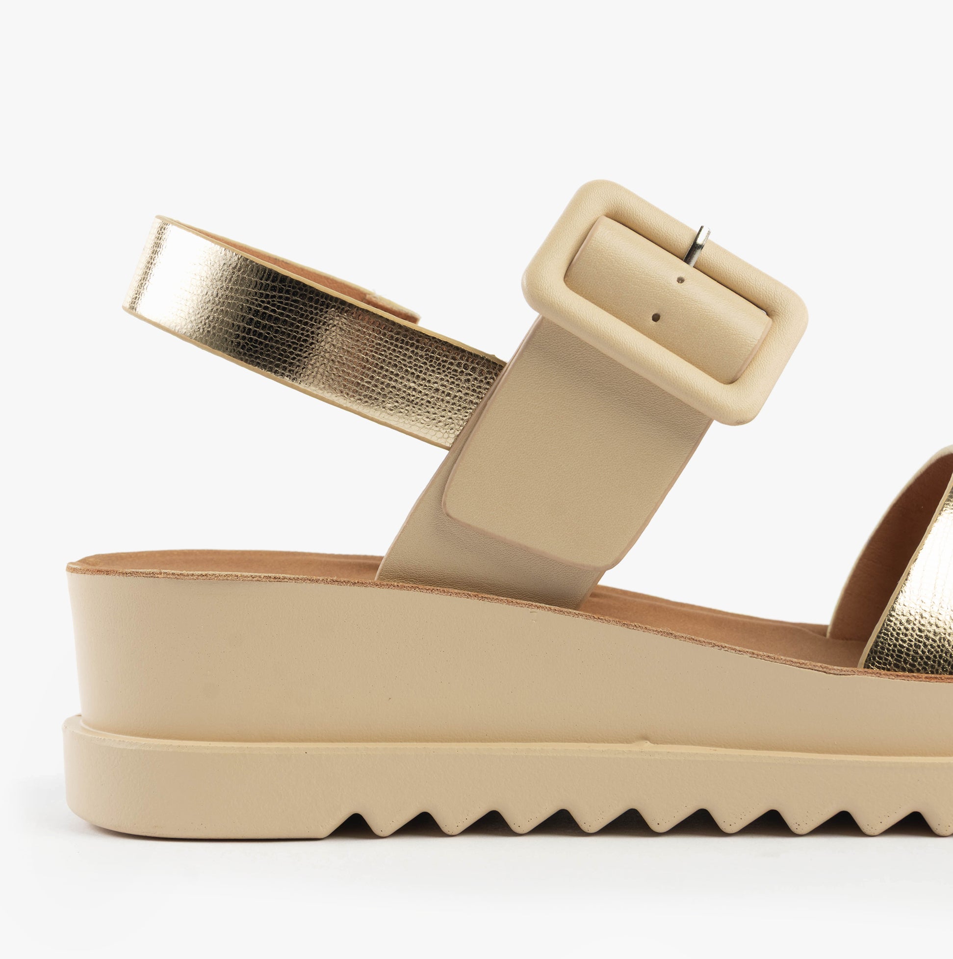 Heavenly Feet PISTACHIO Womens Sandals Beige/Gold side view featuring a wedge heel and buckle closure.