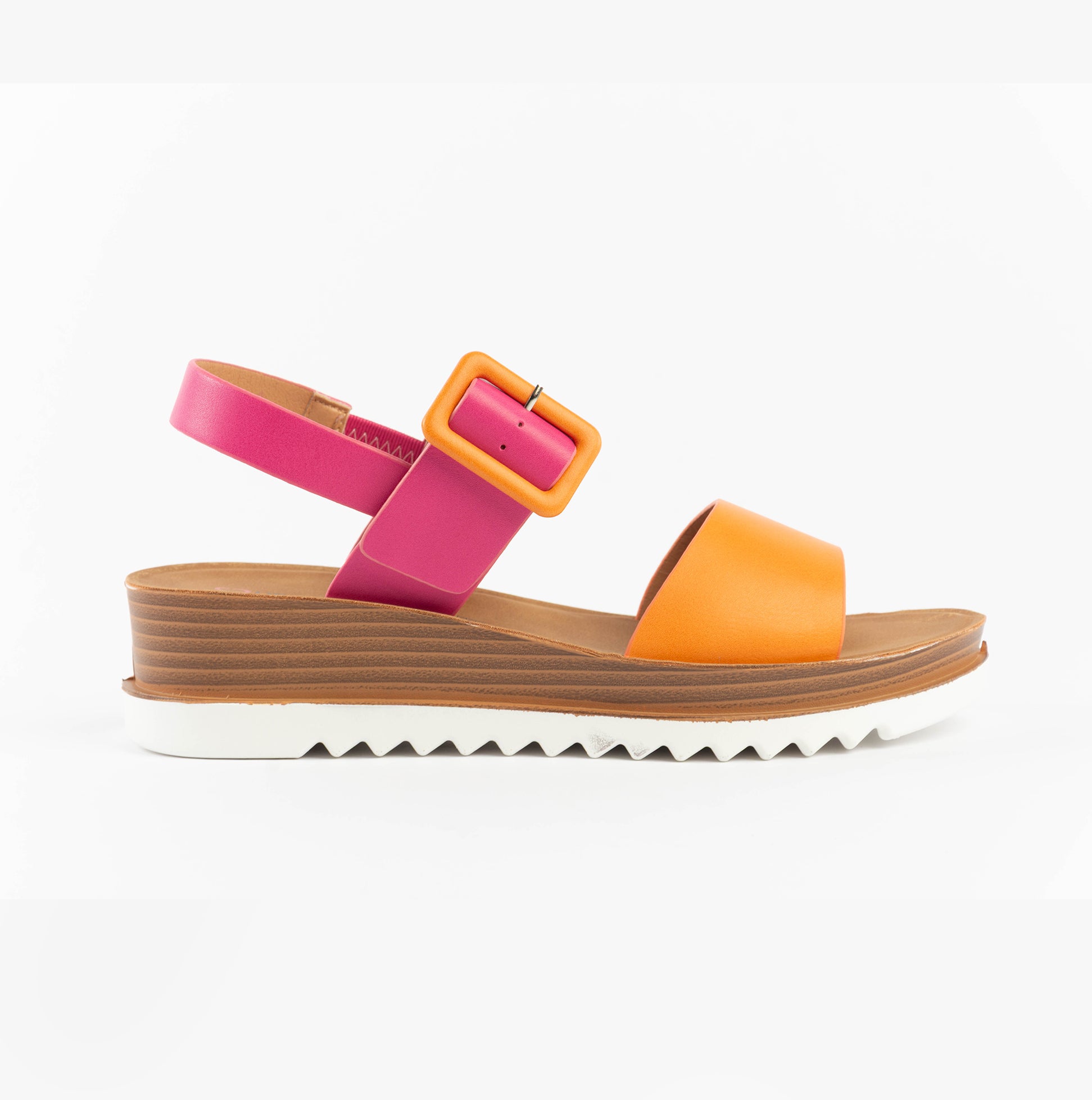 Heavenly Feet PISTACHIO Womens Sandals Fuchsia/orange side view showcasing vibrant colors and wedge heel design.