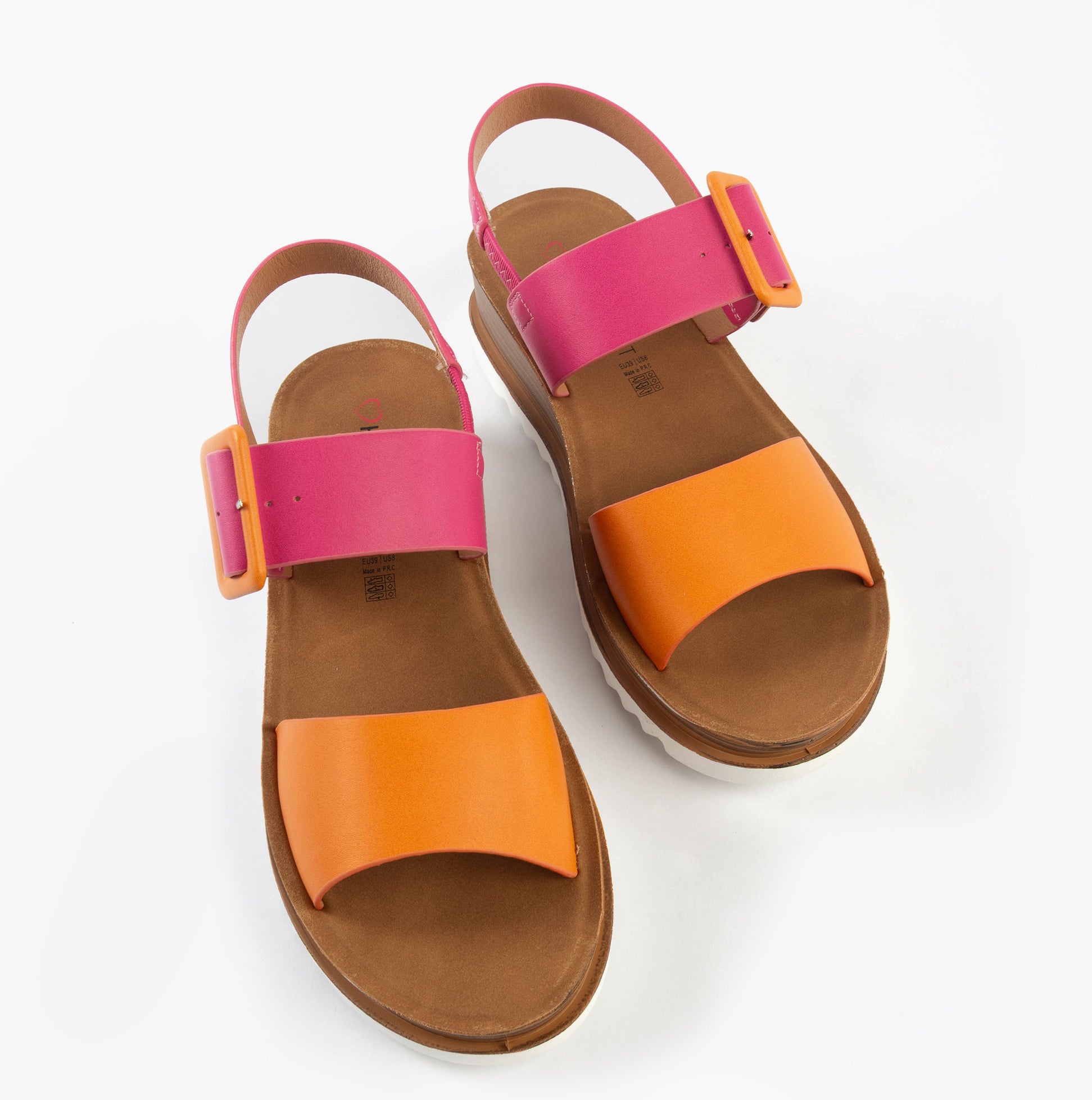 Heavenly Feet PISTACHIO Womens Sandals Fuchsia/orange top view showcasing pink and orange straps with buckle.