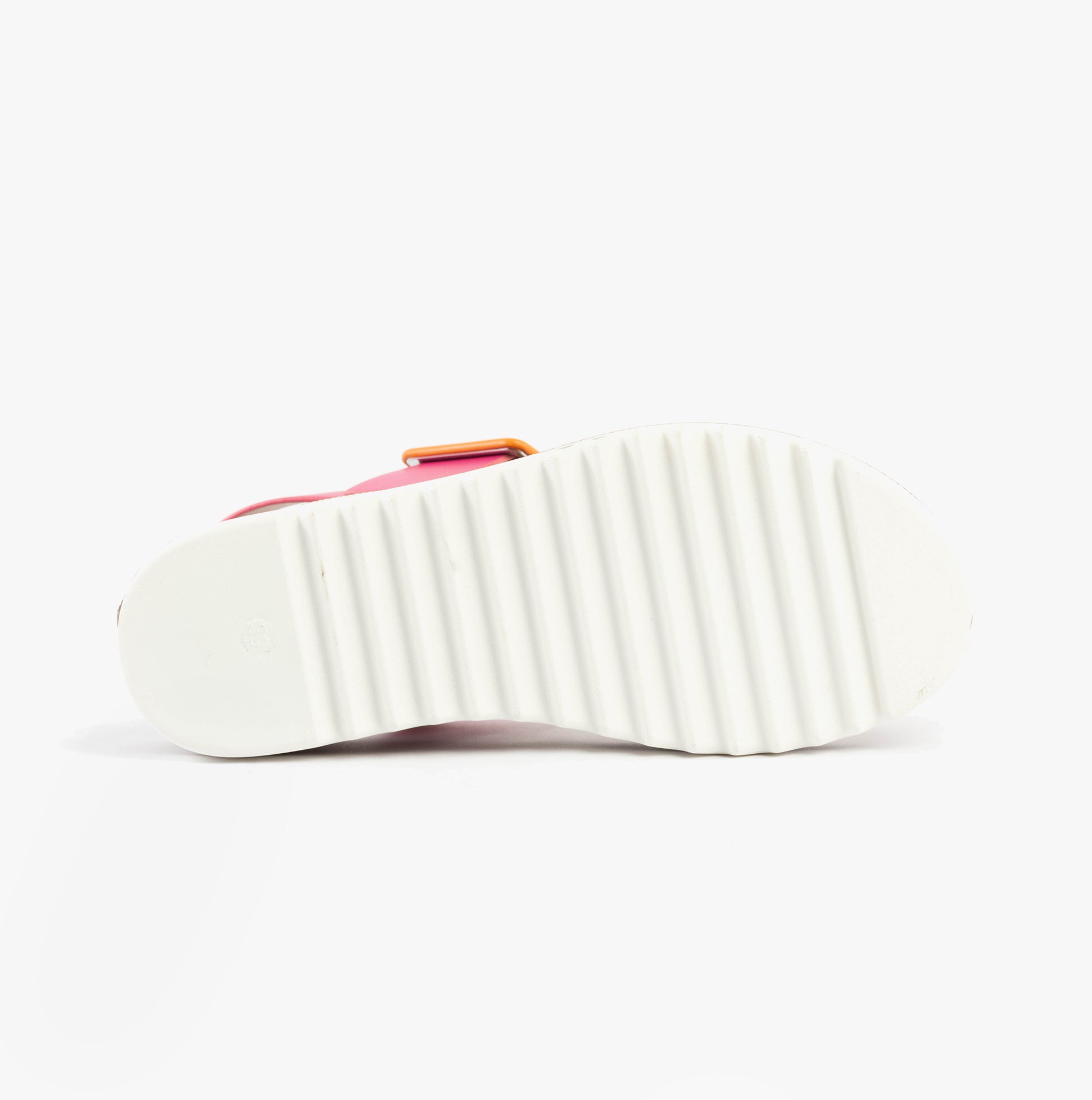 Heavenly Feet PISTACHIO Womens Sandals Fuchsia/orange bottom view showing white sole with ridges.