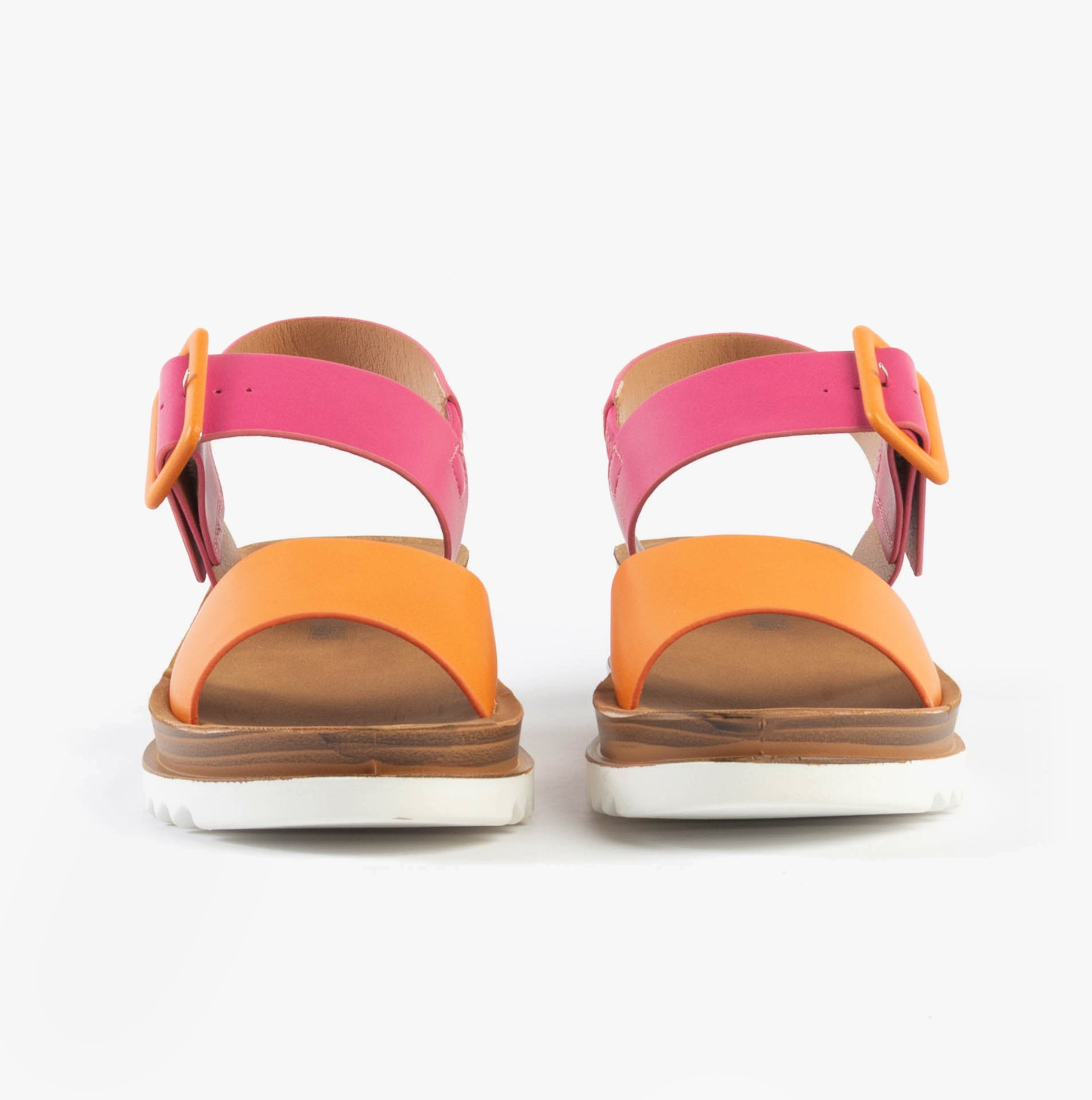 Heavenly Feet PISTACHIO Womens Sandals Fuchsia/orange rear view showing dual-color straps and wedge heel.