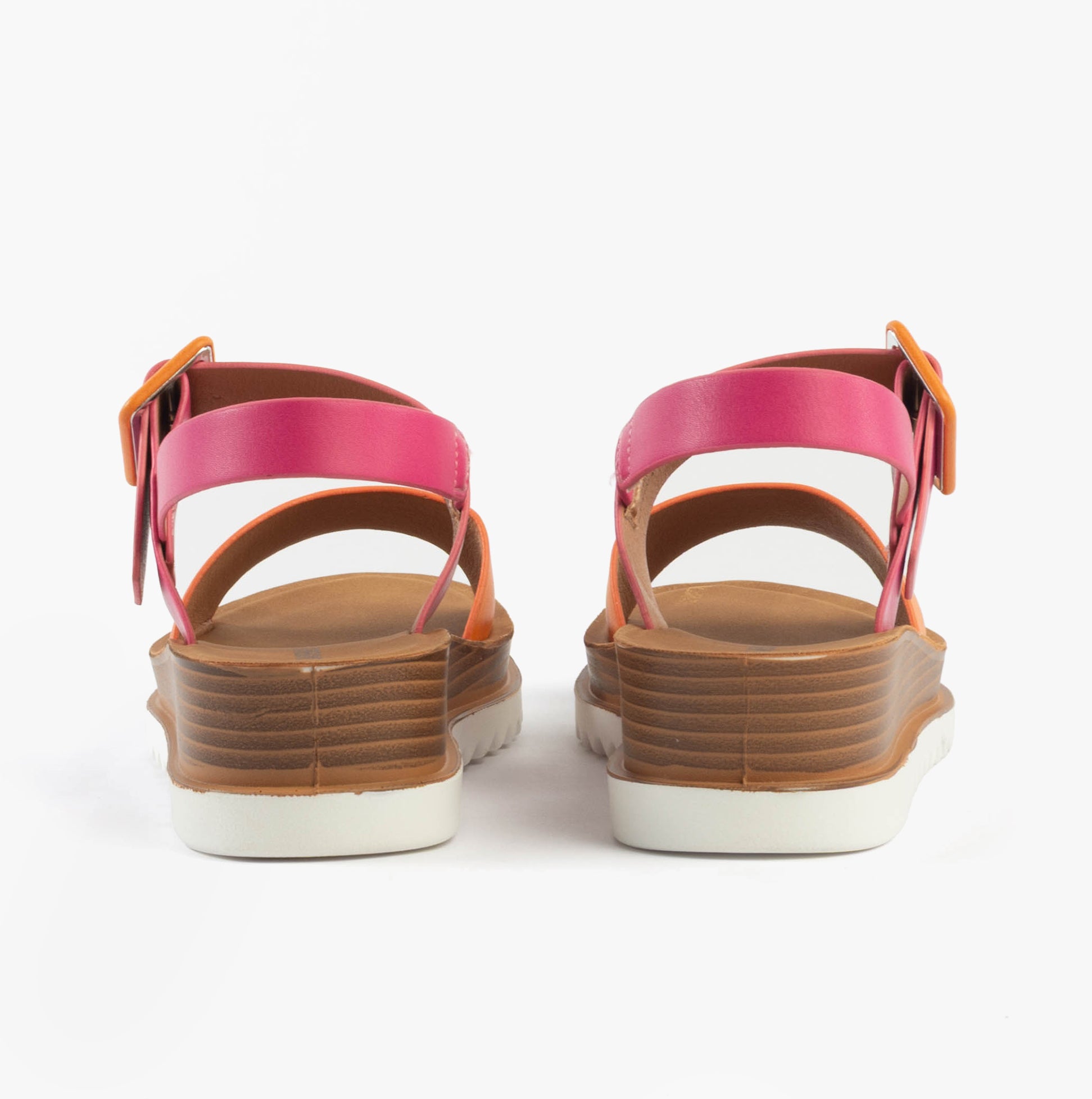 Heavenly Feet PISTACHIO Womens Sandals Fuchsia/orange back view showcasing buckle and wedge heel design.