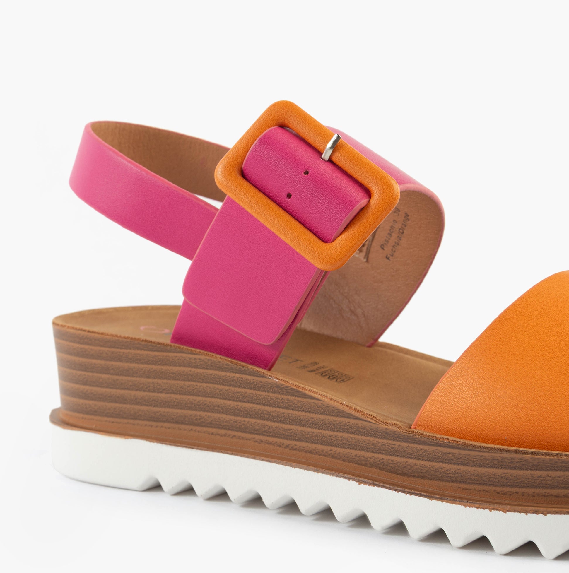 Heavenly Feet PISTACHIO Womens Sandals Fuchsia/orange side view with buckle detail and wedge heel.