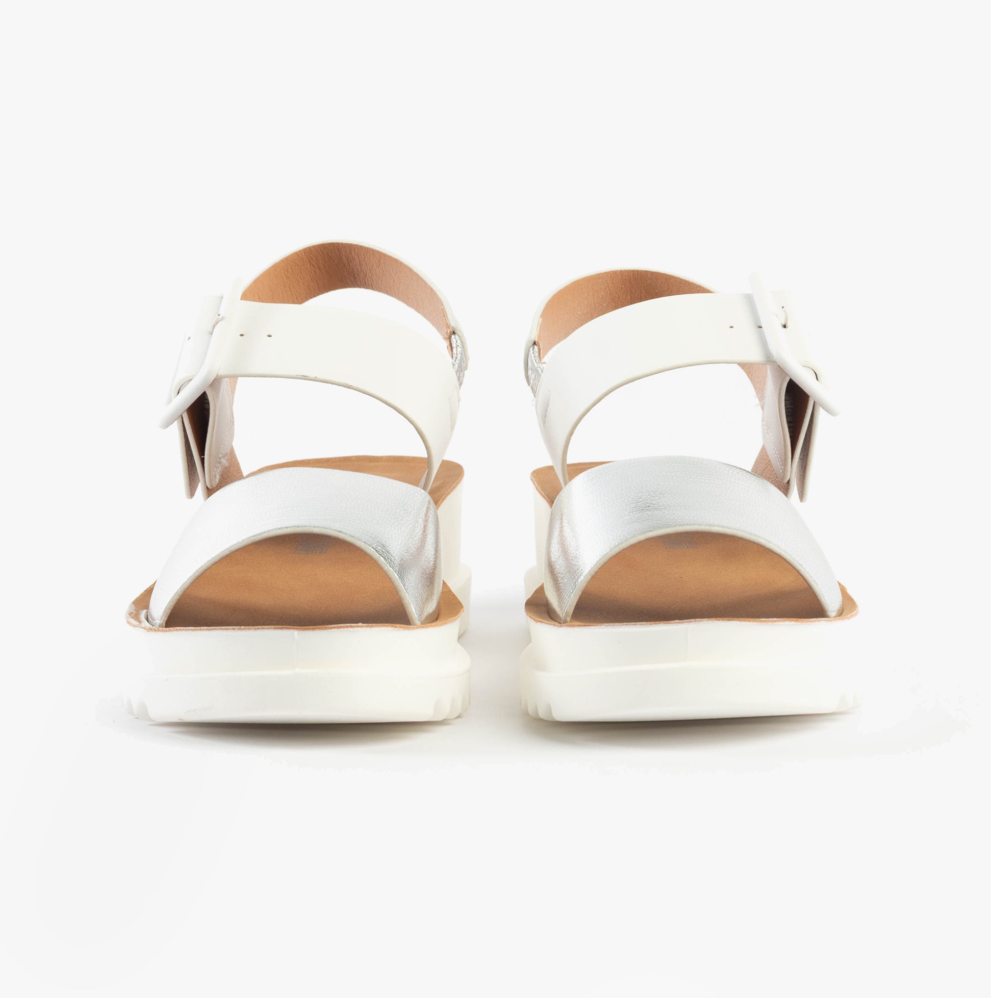 Heavenly Feet PISTACHIO Womens Sandals White/silver rear view showing buckle and faux leather design.