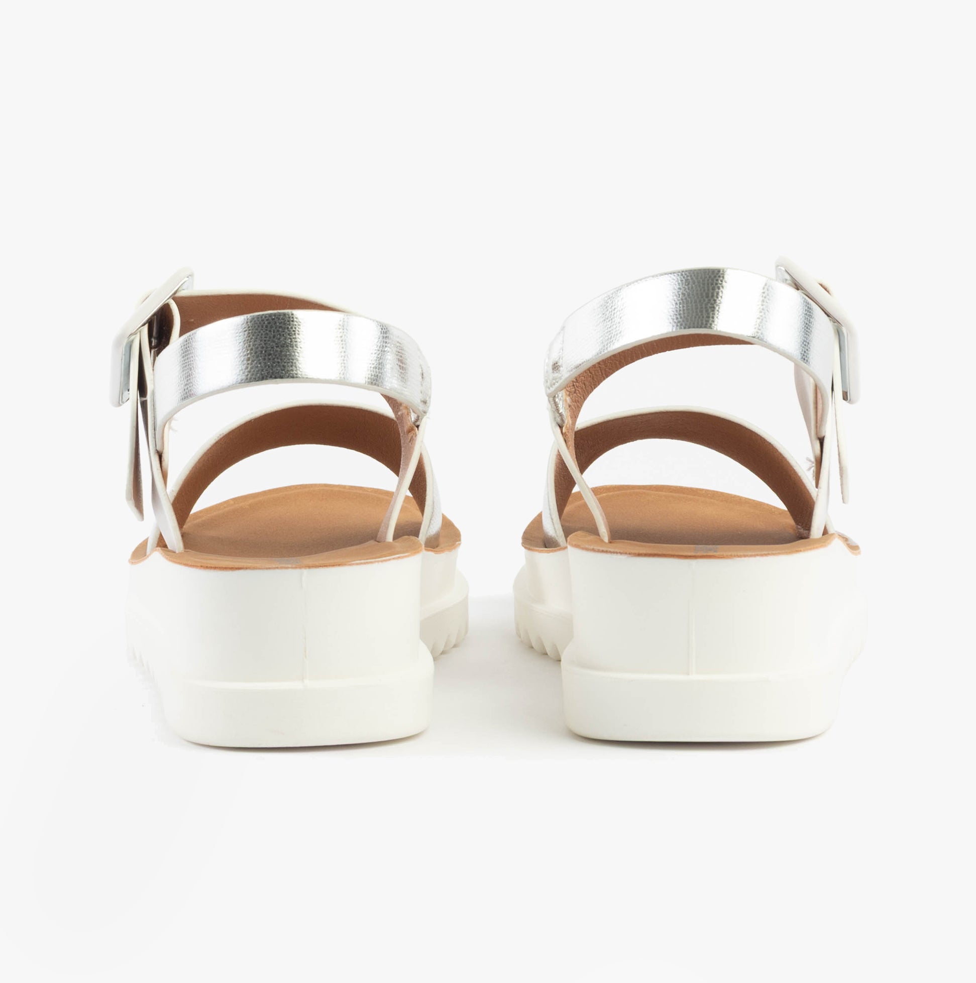 Heavenly Feet PISTACHIO Womens Sandals White/silver back view showcasing the silver straps and white wedge sole.