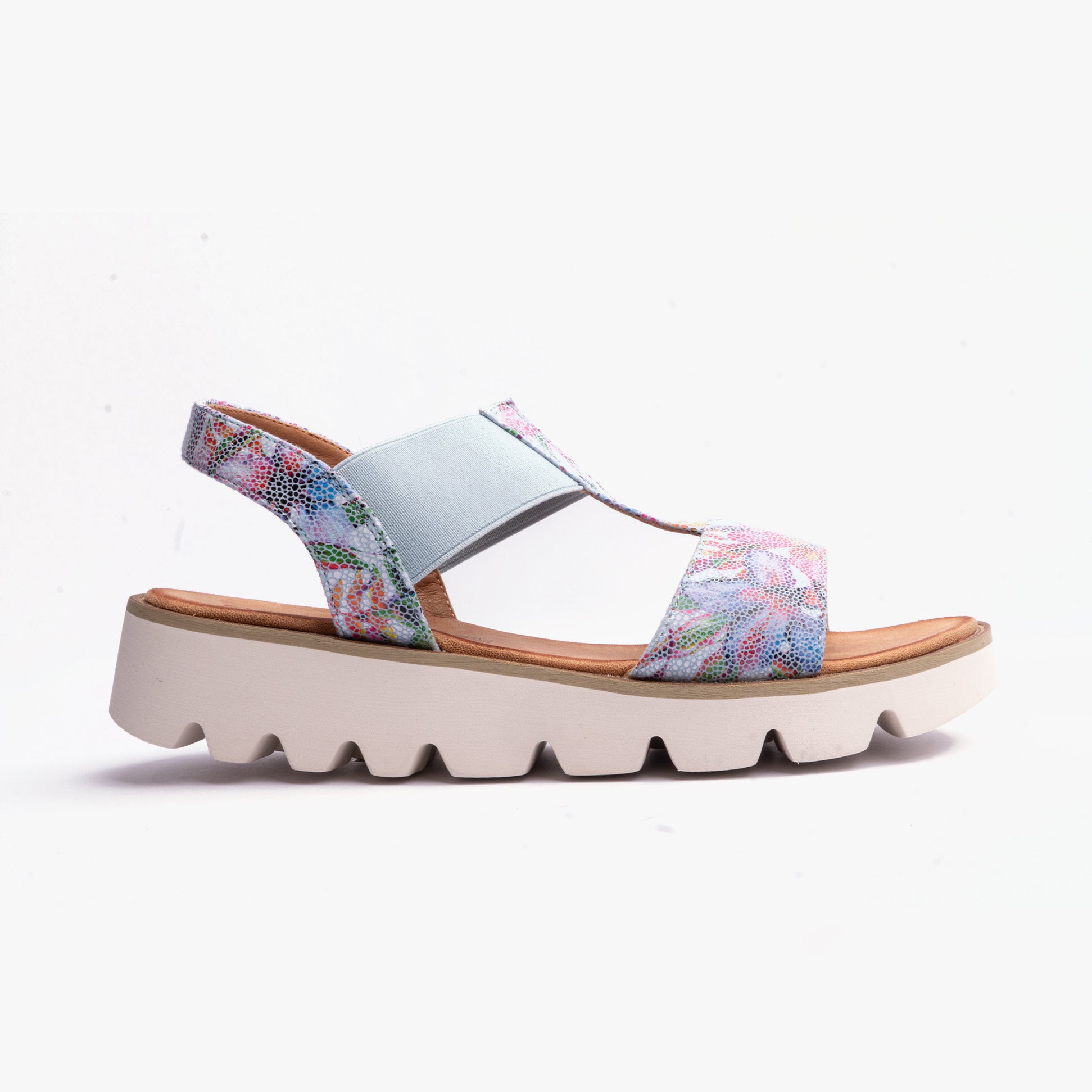 Heavenly Feet RITZ Womens Sandals Floral Blue side view showcasing the floral pattern and platform sole.