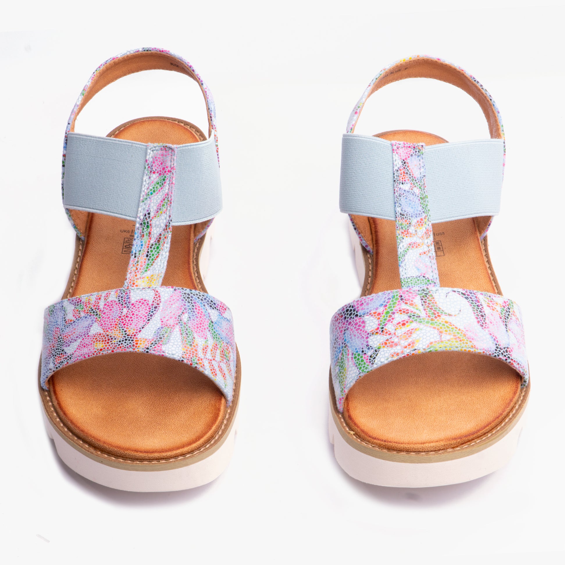 Heavenly Feet RITZ Womens Sandals Floral Blue front view showcasing colorful floral design and comfortable slip-on style.