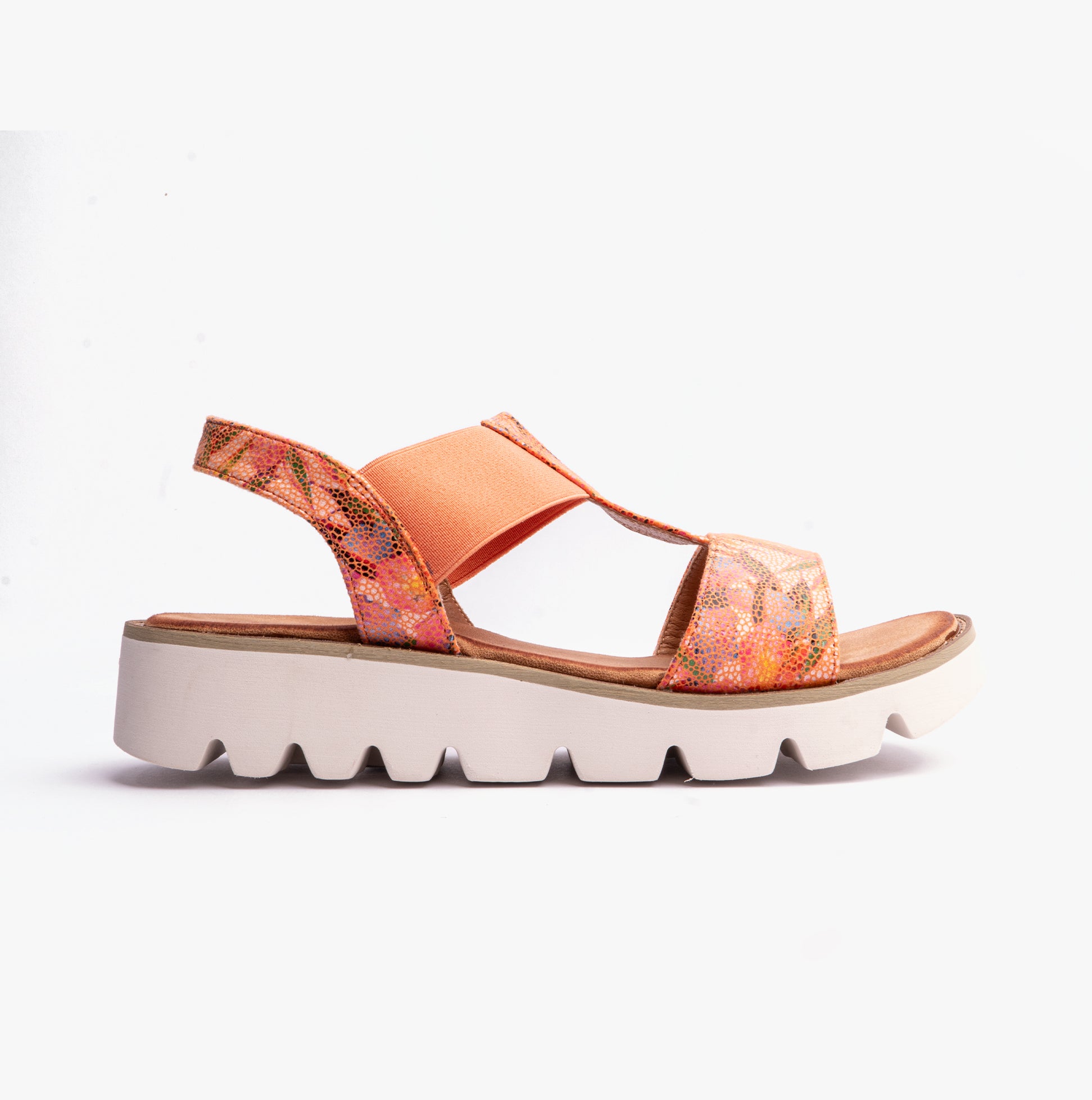 Heavenly Feet RITZ Womens Sandals Floral Orange side view showcasing synthetic upper and platform sole.