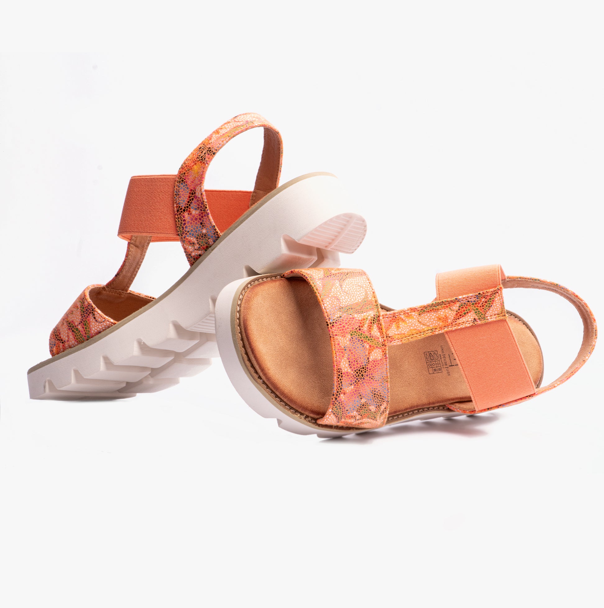 Heavenly Feet RITZ Womens Sandals Floral Orange side view showcasing the stylish design and comfortable platform sole.