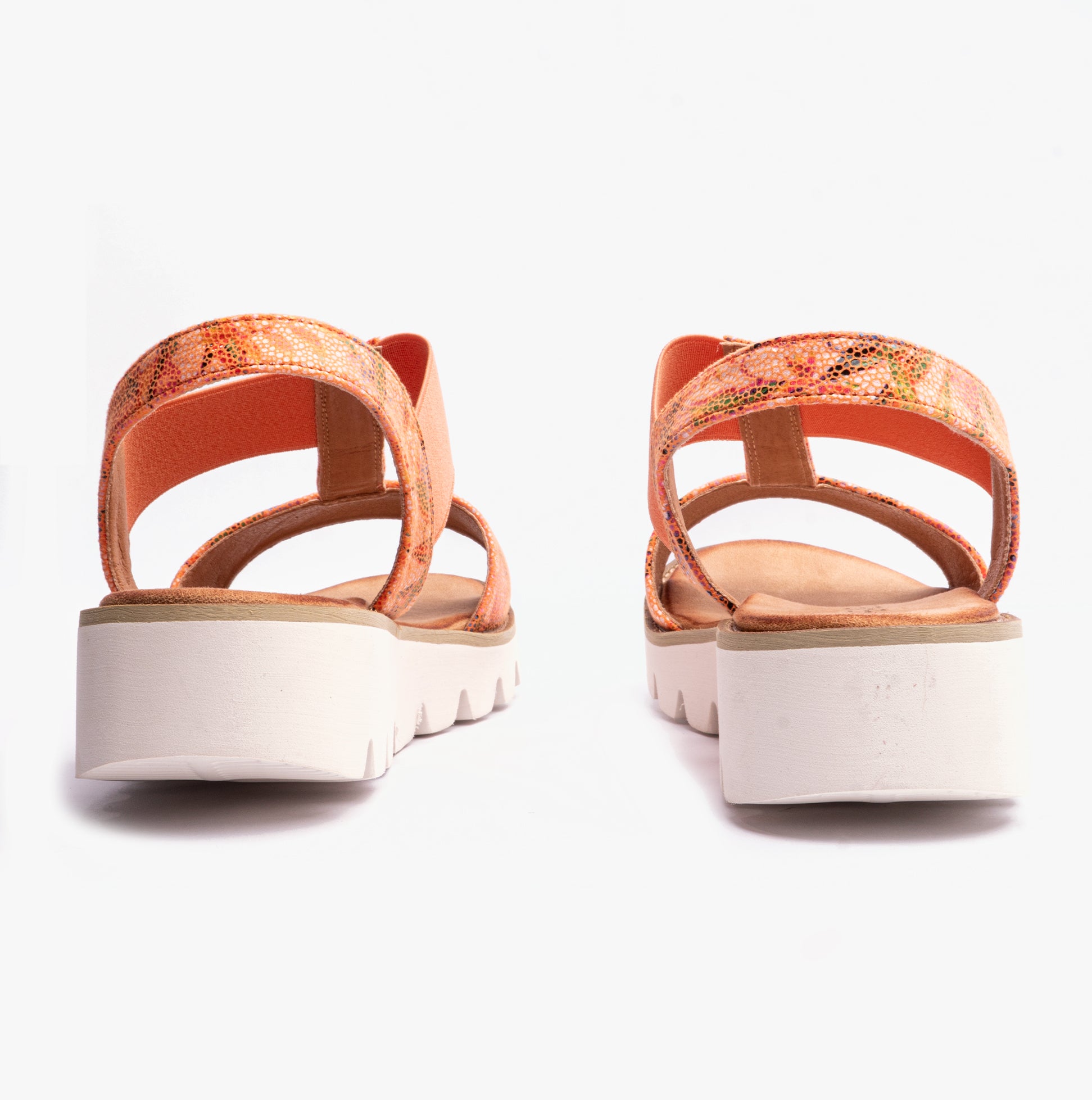 Heavenly Feet RITZ Womens Sandals Floral Orange rear view showcasing the slip-on design and platform heel.