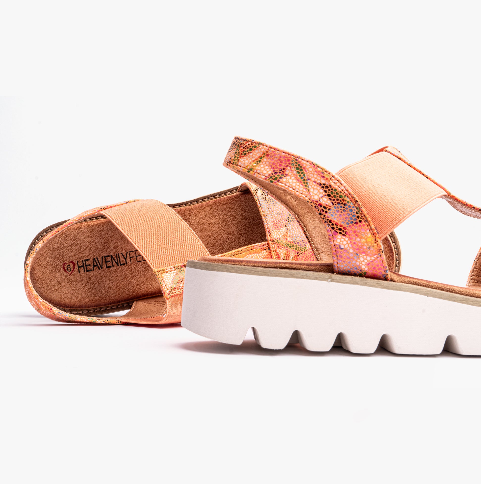 Heavenly Feet RITZ Womens Sandals Floral Orange side view showcasing synthetic upper and platform heel design.