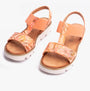 Heavenly Feet RITZ Womens Sandals Floral Orange side view showing floral design and platform heel.