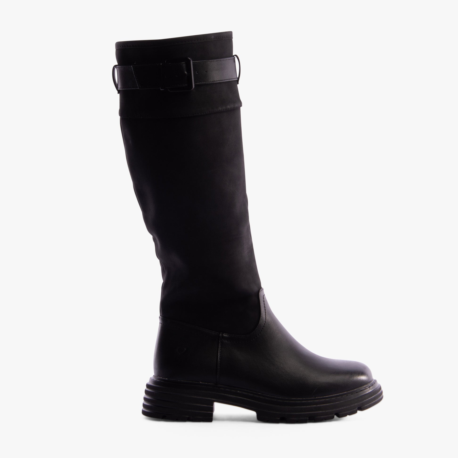 Heavenly Feet BRIANNA Womens Tall Boots Black side view showcasing knee-high faux leather design and durable rubber sole.