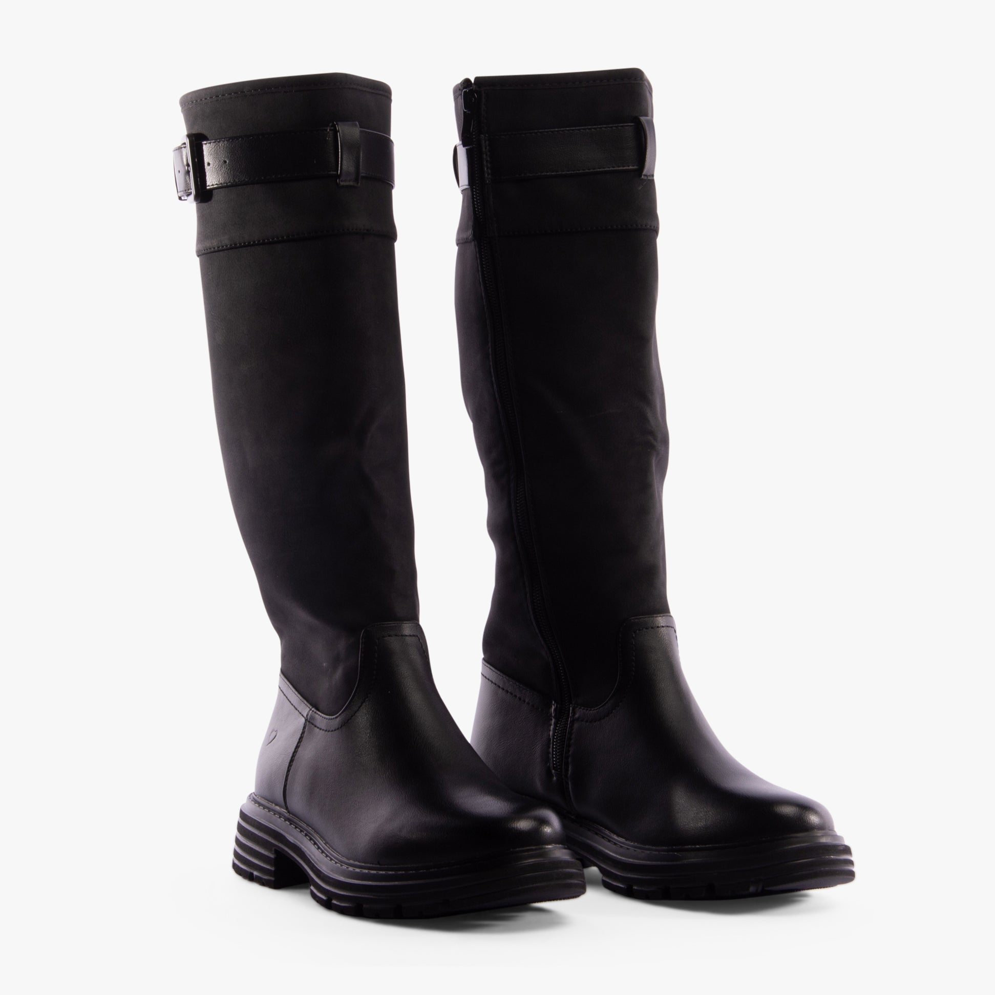 Heavenly Feet BRIANNA Womens Tall Boots Black side view showing knee high faux leather design and rubber sole.